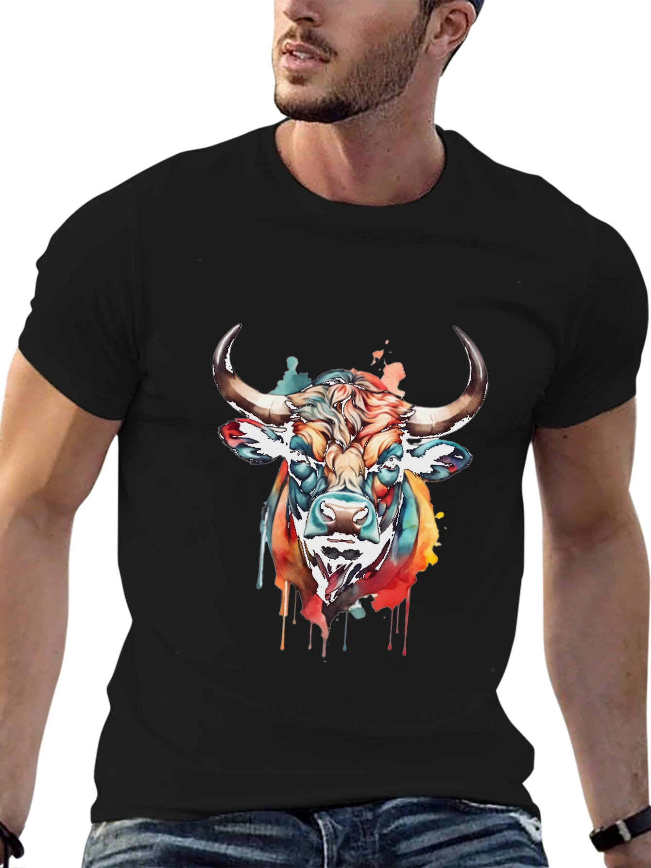 Black Colorful Bull Graphic Tee - Men's Black T-Shirt view 6