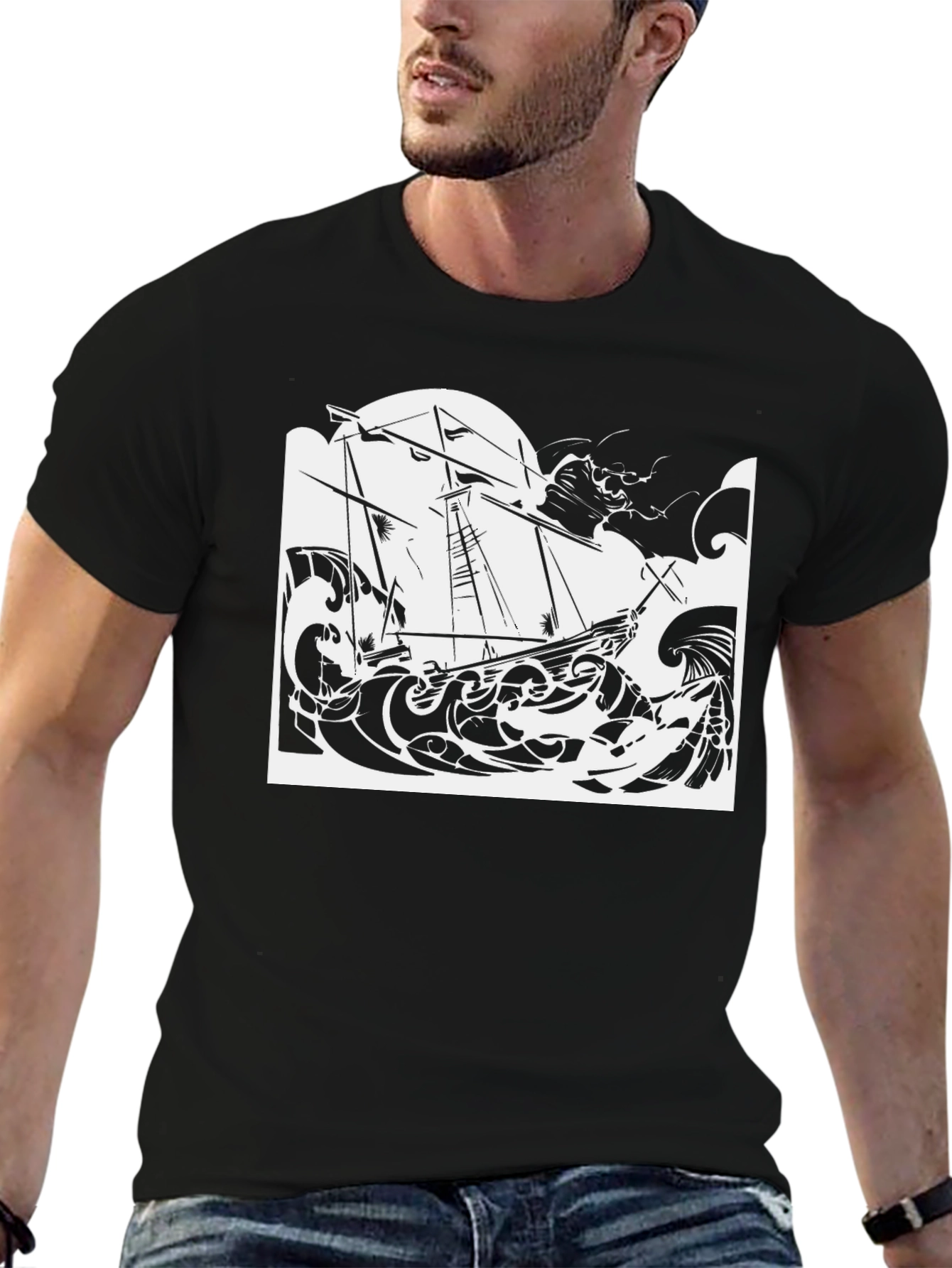 Black Nautical Ship T-Shirt Black Cotton Tee view 6