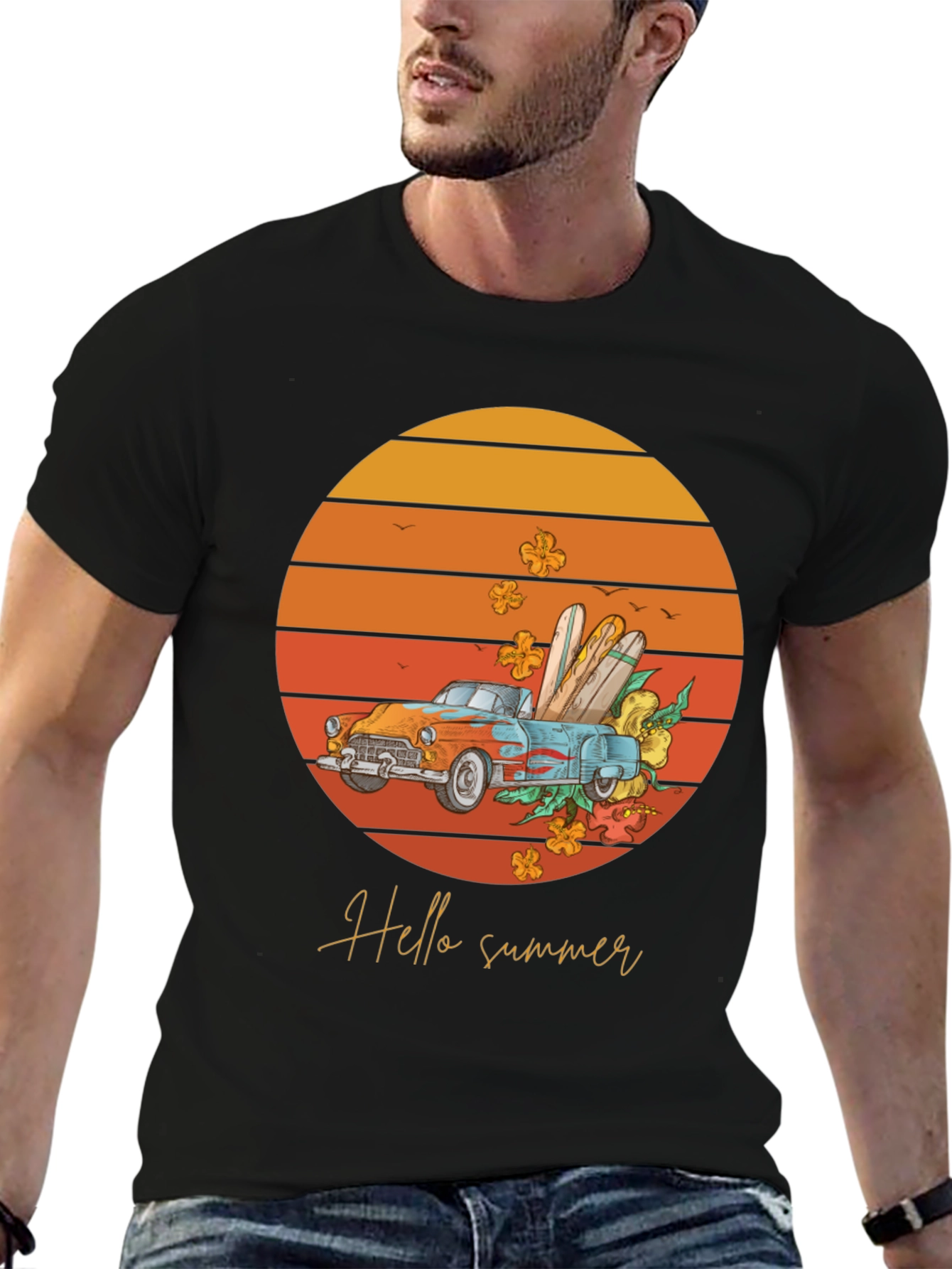 Black Hello Summer T-Shirt - Sunset Car Graphic Tee view 6