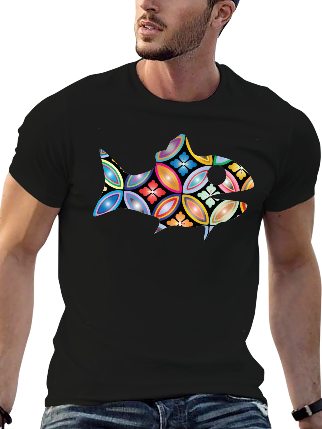 Black Abstract Fish Graphic Black T-Shirt view 6