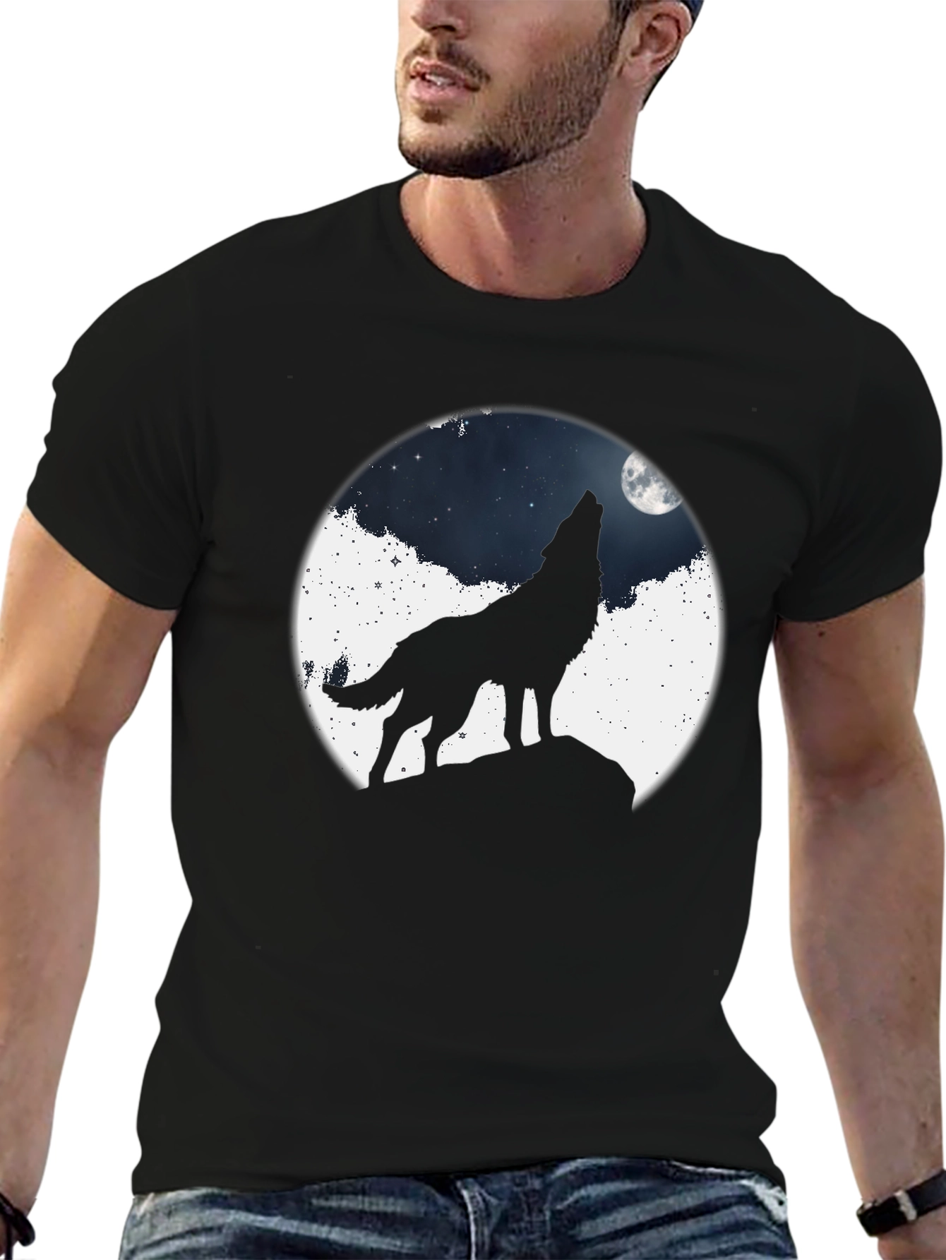 Black Wolf Howling at Moon Graphic T-Shirt view 6