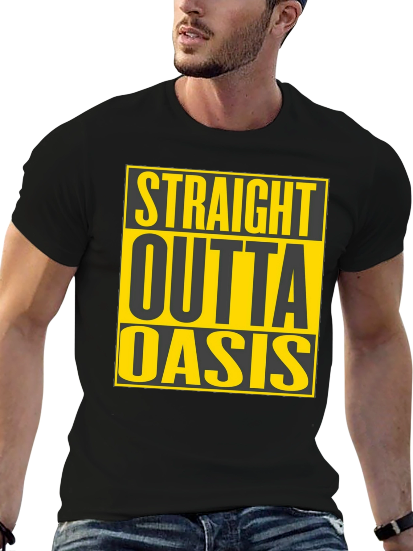 Black Straight Outta Oasis T-Shirt - Black Crew Neck Tee view 6