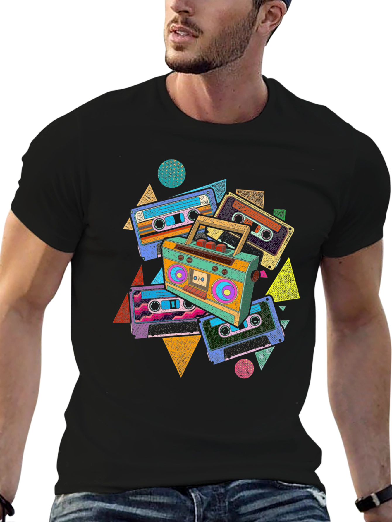 Black Retro Cassette T-Shirt - Vintage Boombox Graphic Tee view 6