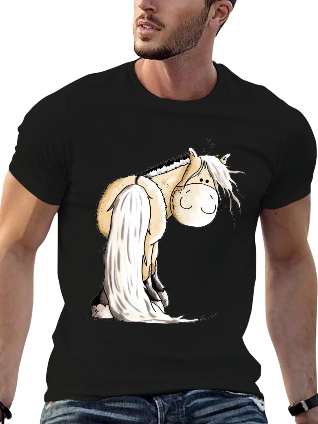 Black Cartoon Horse Graphic Tee - Soft Black Cotton Blend view 6