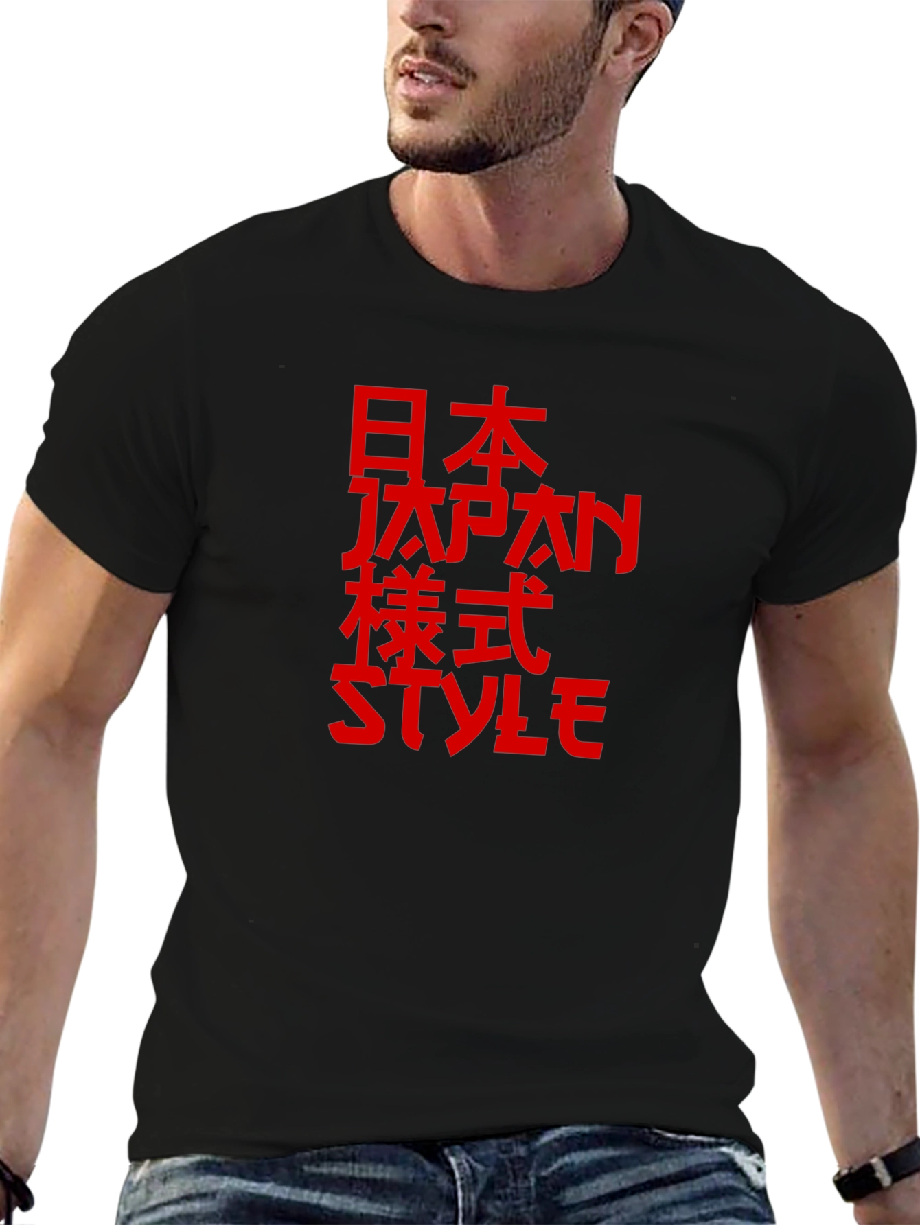Japanese Style Red Print Black T-Shirt - 6