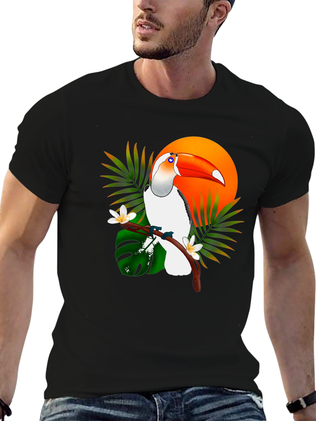 Black Tropical Toucan Graphic Tee - Black Cotton T-Shirt view 6