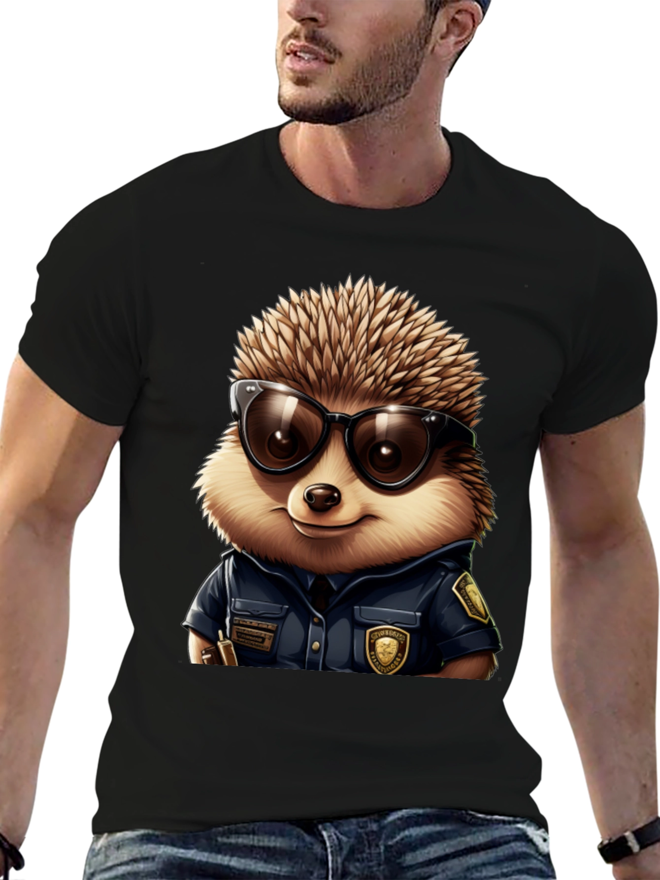 Black Cool Hedgehog Police T-Shirt view 6