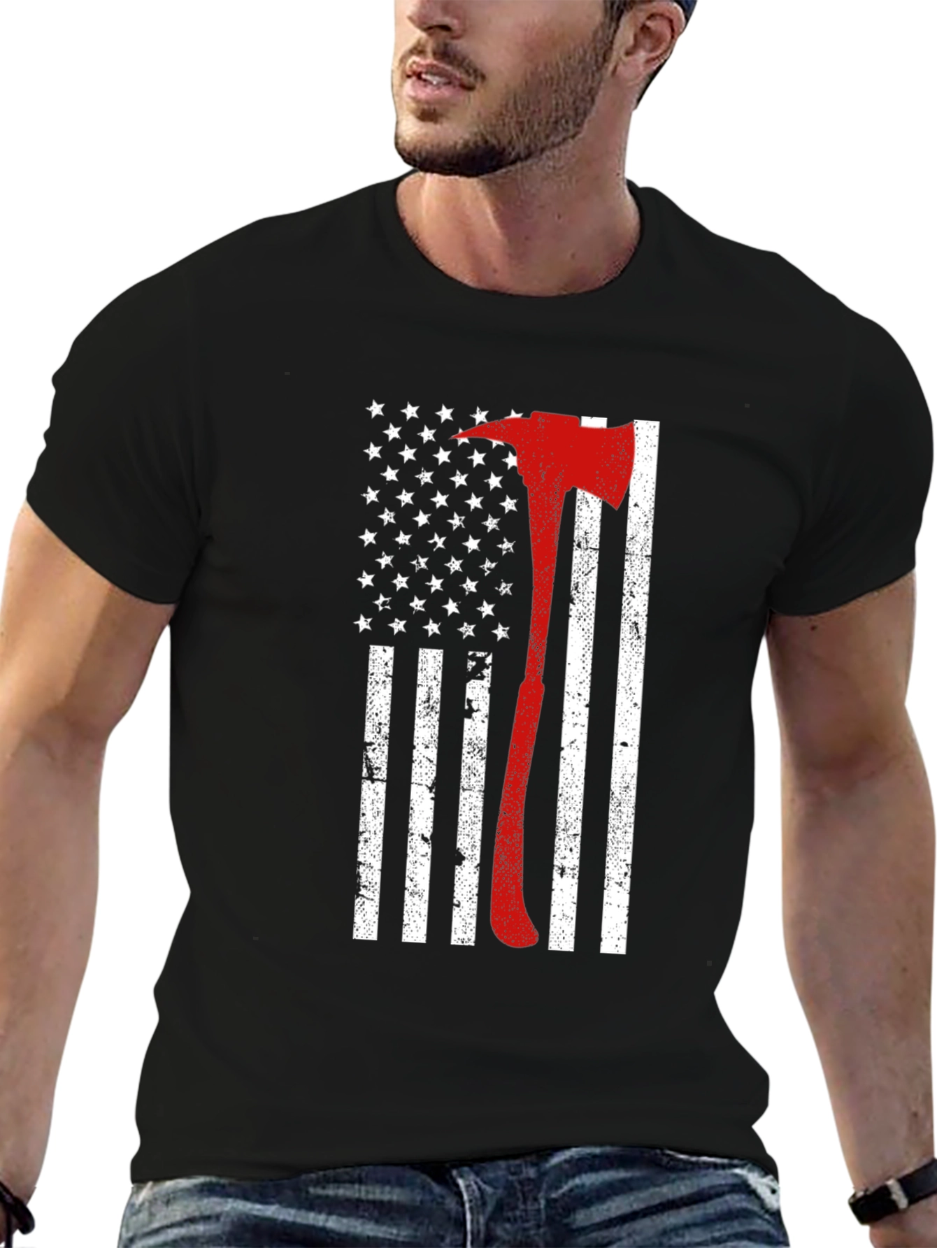Black Firefighter Axe USA Flag T-Shirt view 6