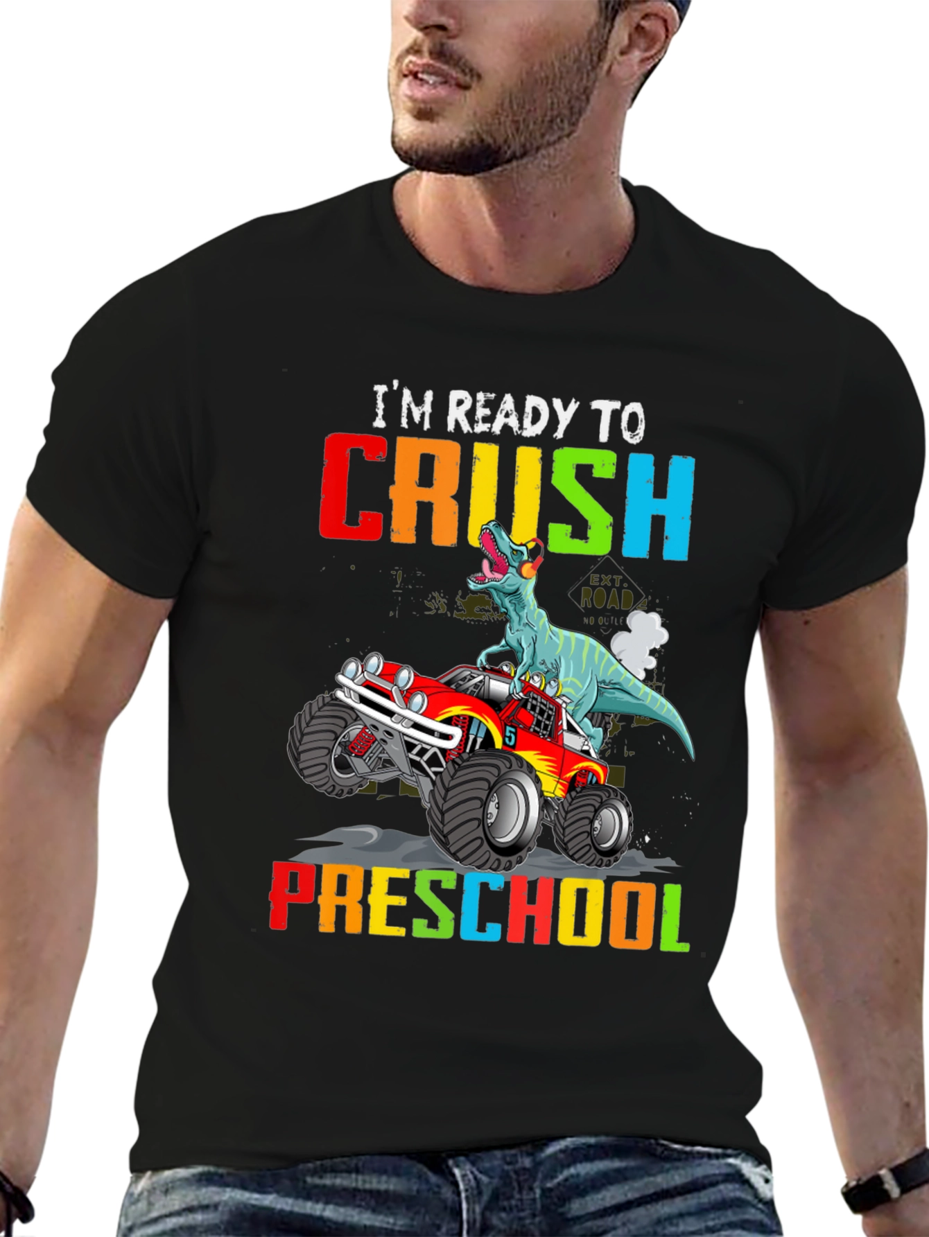 Black Ready to Crush Preschool Dinosaur Monster Truck T-Shirt view 6