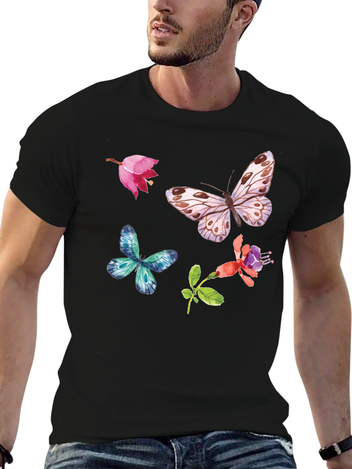 Black Floral Butterfly Graphic Tee - Black Casual Top view 6