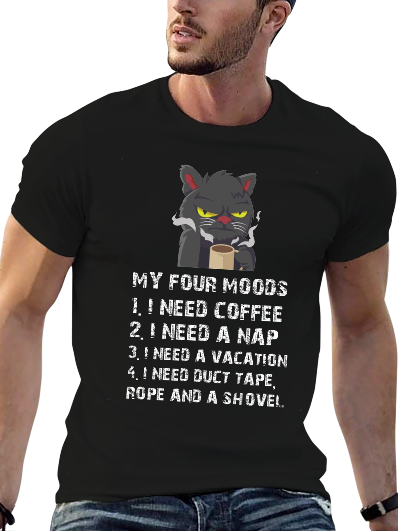 Black My Four Moods T-Shirt - Cat Coffee Nap Vacation view 6