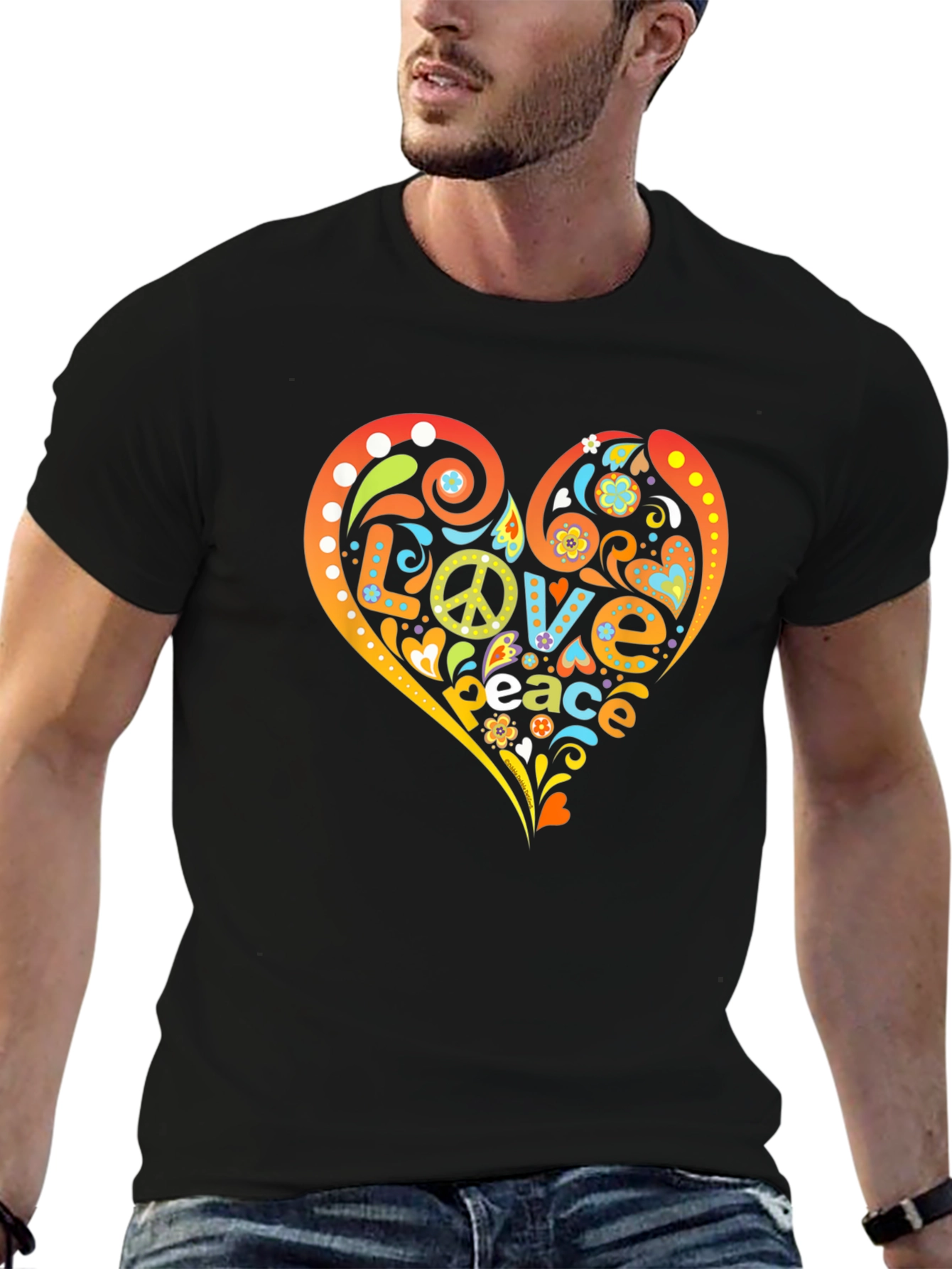Black Peace & Love Heart Graphic T-Shirt - Retro Hippie Style view 6