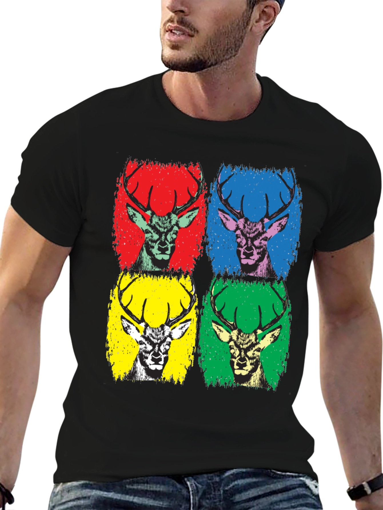 Black Pop Art Deer Graphic Tee - Black Cotton T-Shirt view 6