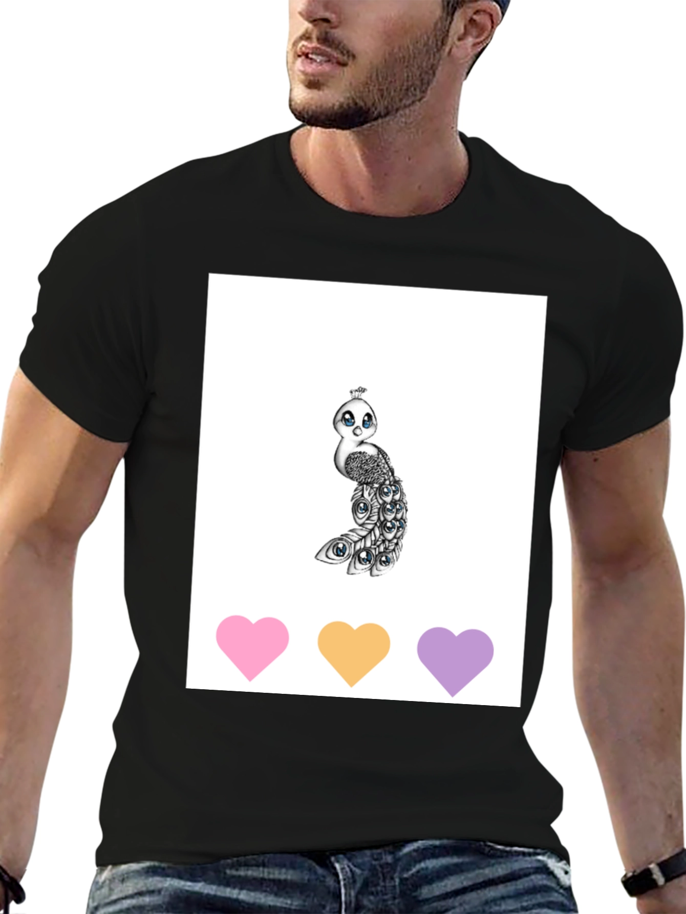 Black Cute Peacock Graphic Tee - Unisex Black T-Shirt view 6