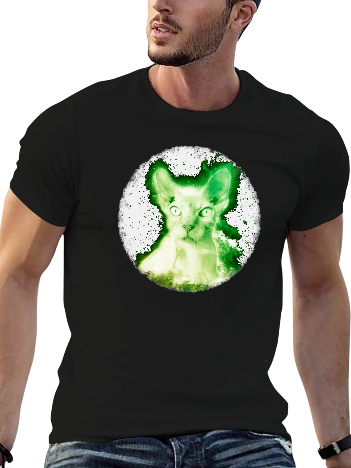 Black Green Cat Graphic Tee - Black Cotton Shirt view 6