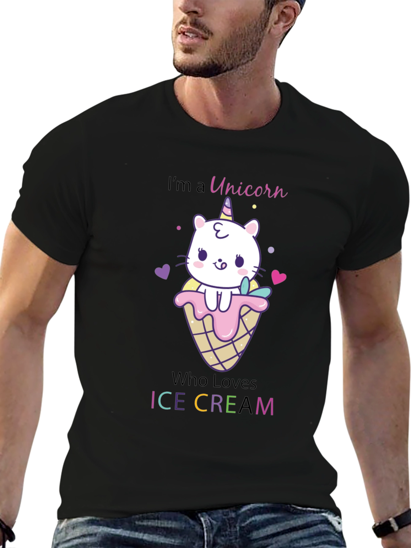 Black Unicorn Cat Ice Cream Graphic T-Shirt view 6