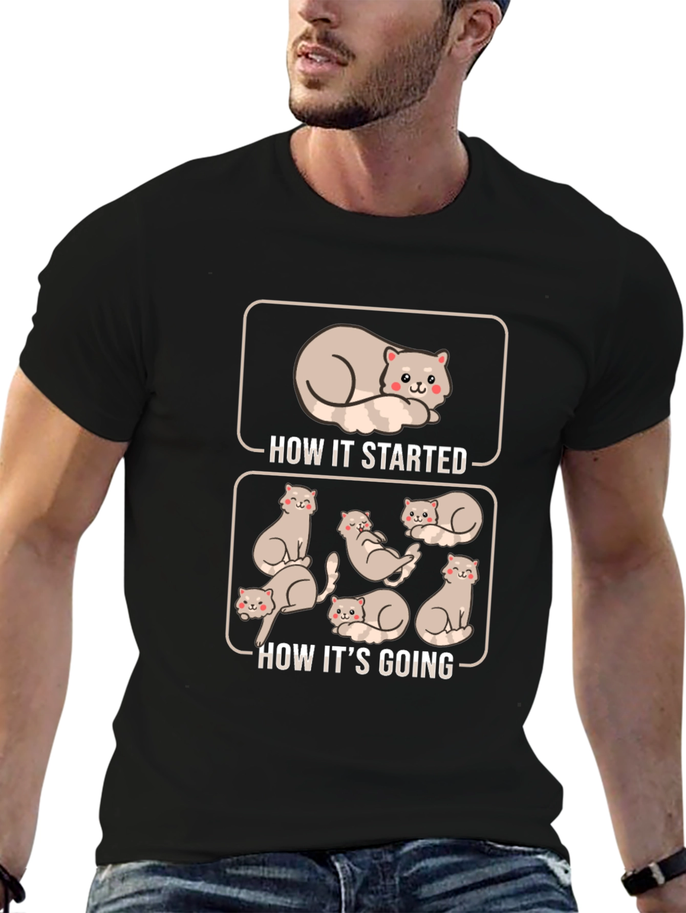 Black Funny Cat T-Shirt - How It Started, How It's Going view 6