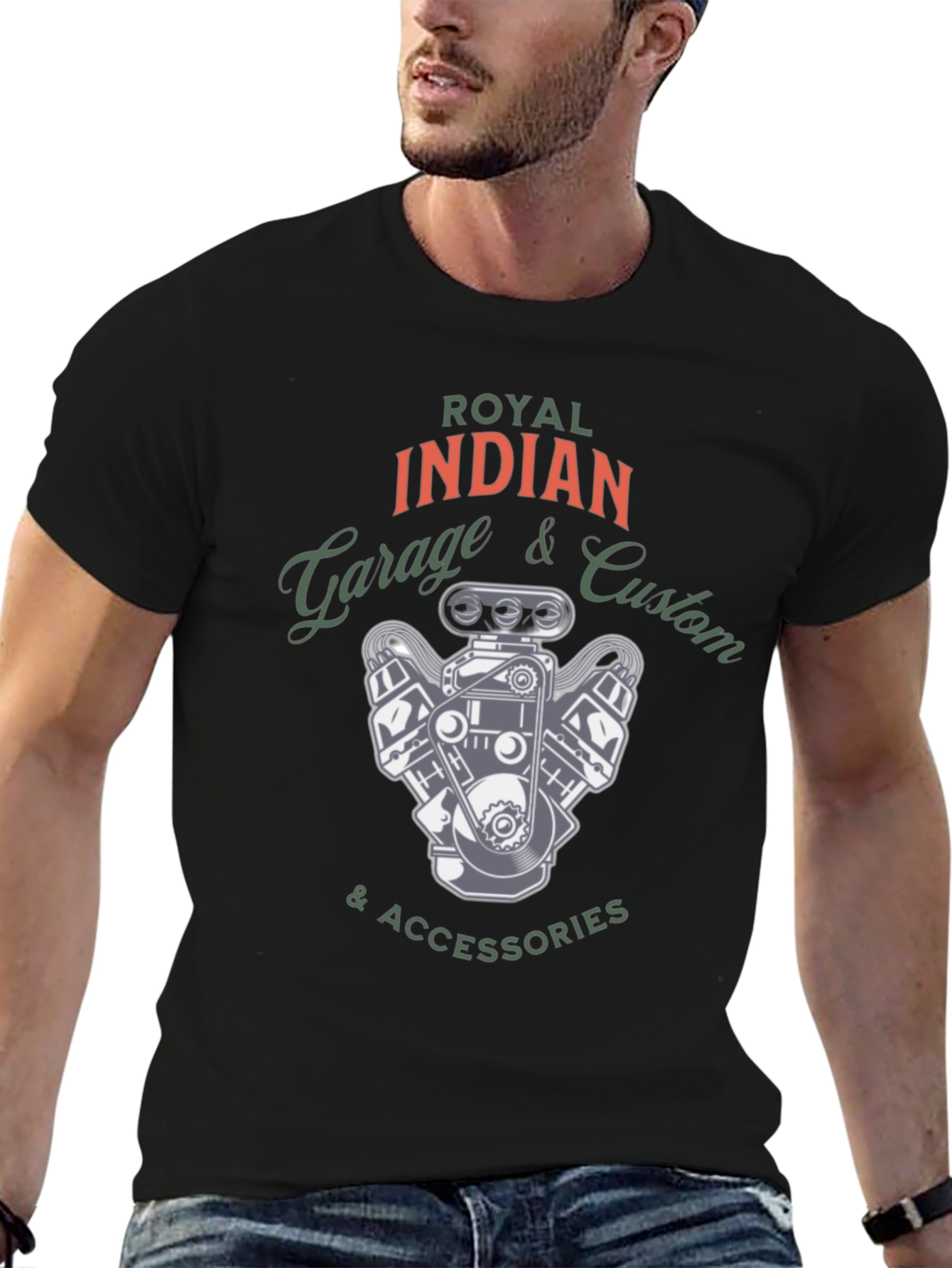 Black Royal Indian Garage Custom Tee - Automotive Inspired Design view 6