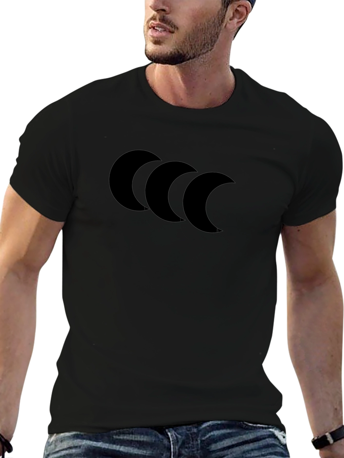 Black Men's Black T-Shirt with Crescent Moon Design view 6