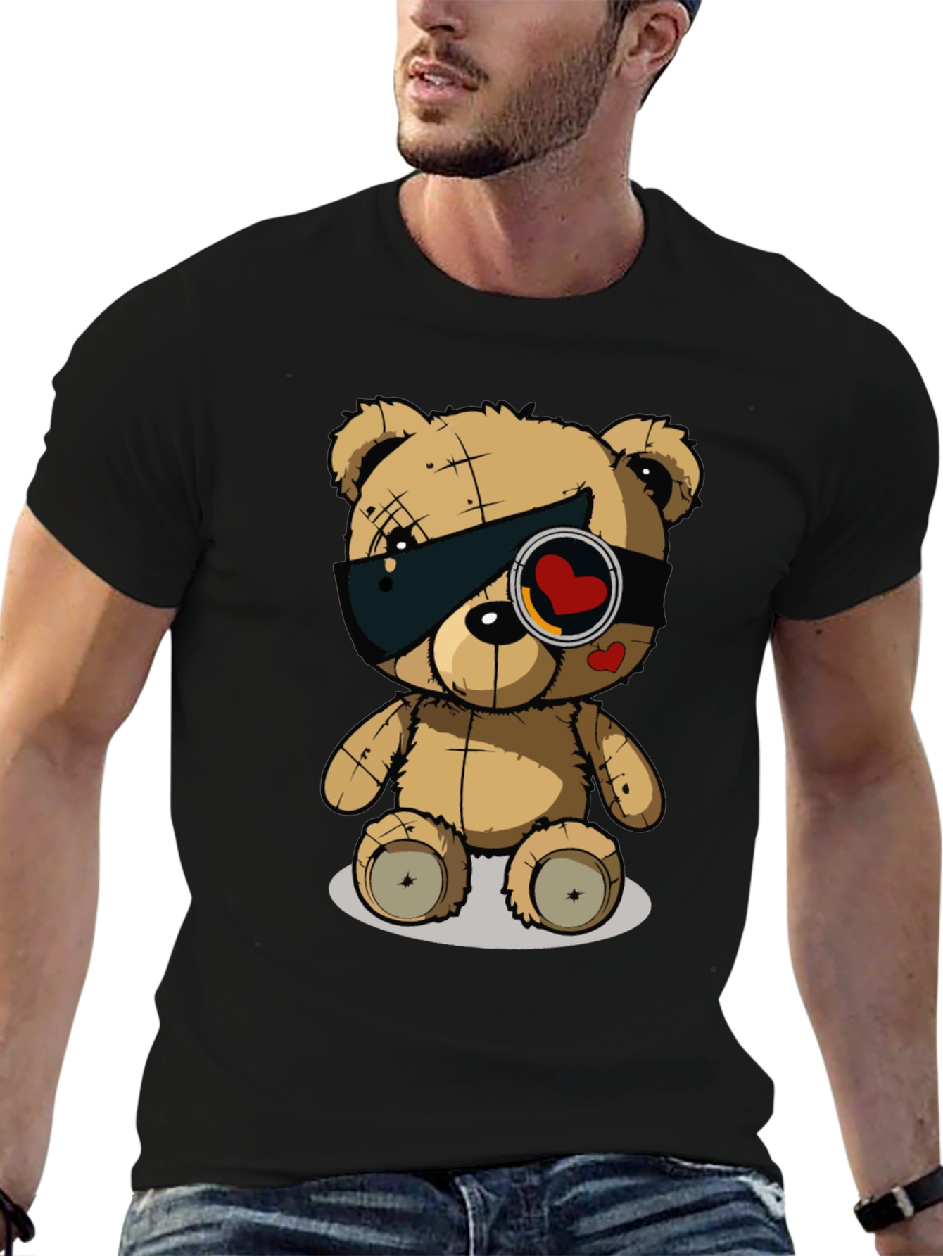 Black Trendy Black T-Shirt with Graphic Teddy Bear Design view 6