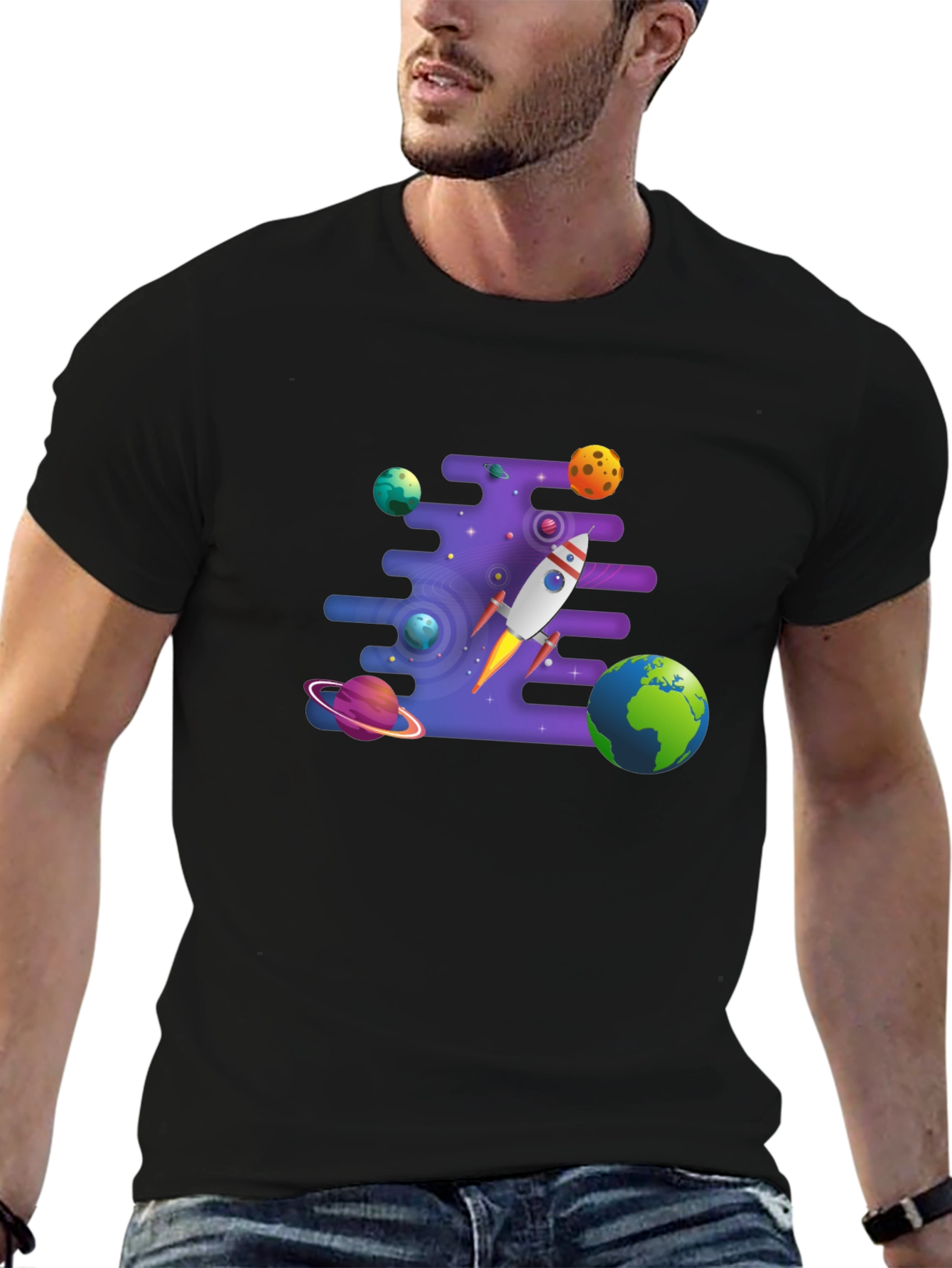 Black Space Rocket & Planets Graphic T-Shirt view 6