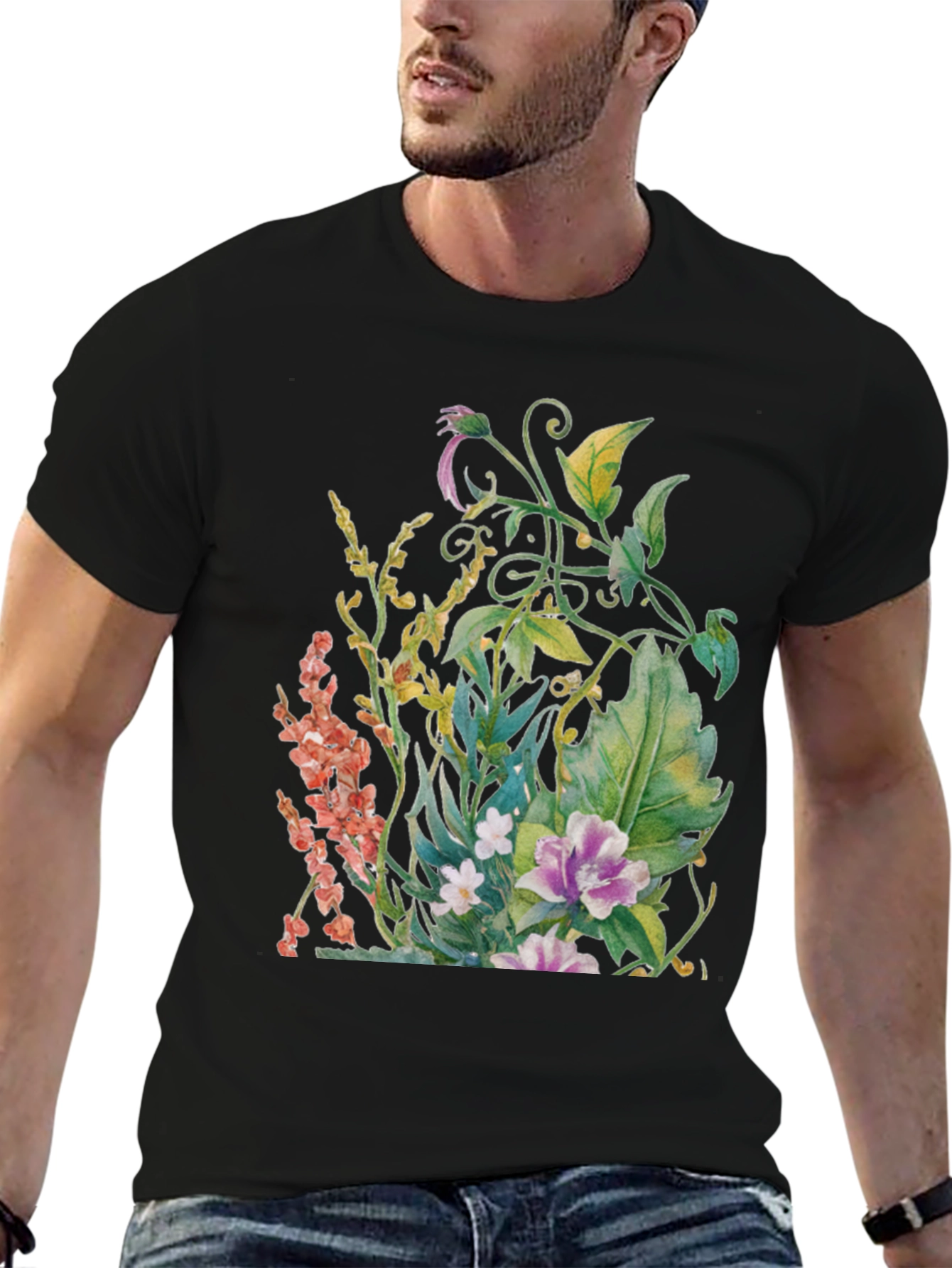 Black Floral Garden Watercolor Black T-Shirt view 6