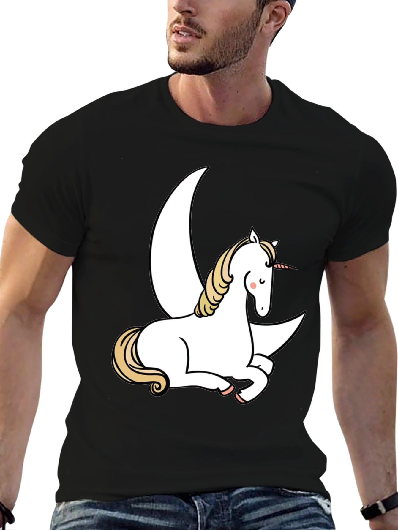 Black Unicorn Moon Graphic Tee - Black Cotton Blend Shirt view 6