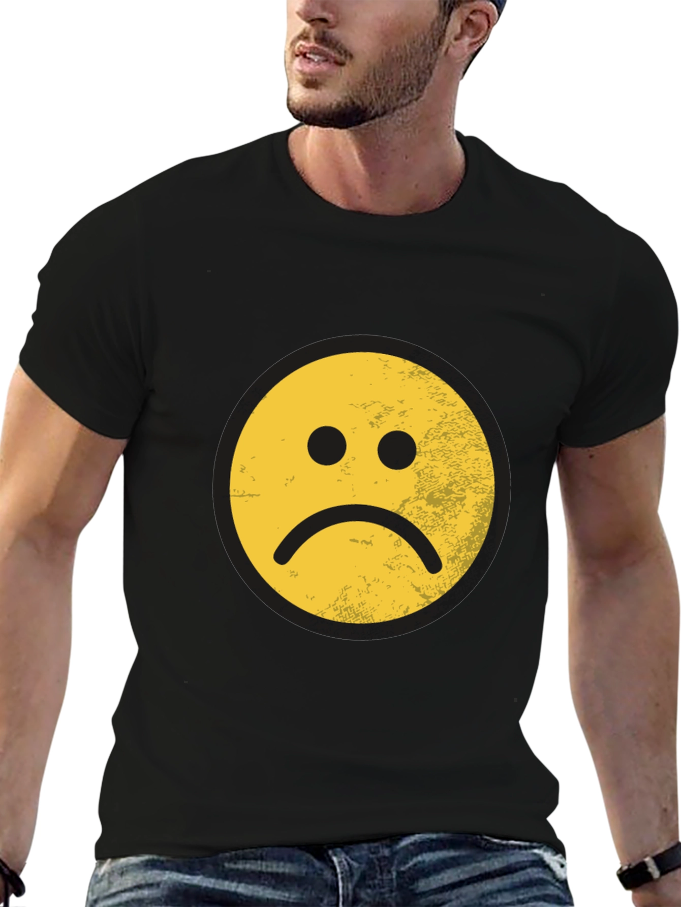 Black Sad Face Graphic Tee - Black Cotton Blend view 6