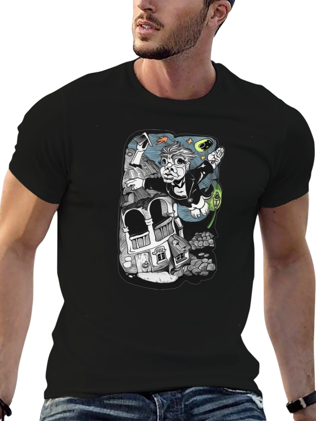 Black Surreal Cartoon T-Shirt - Black Cotton view 6