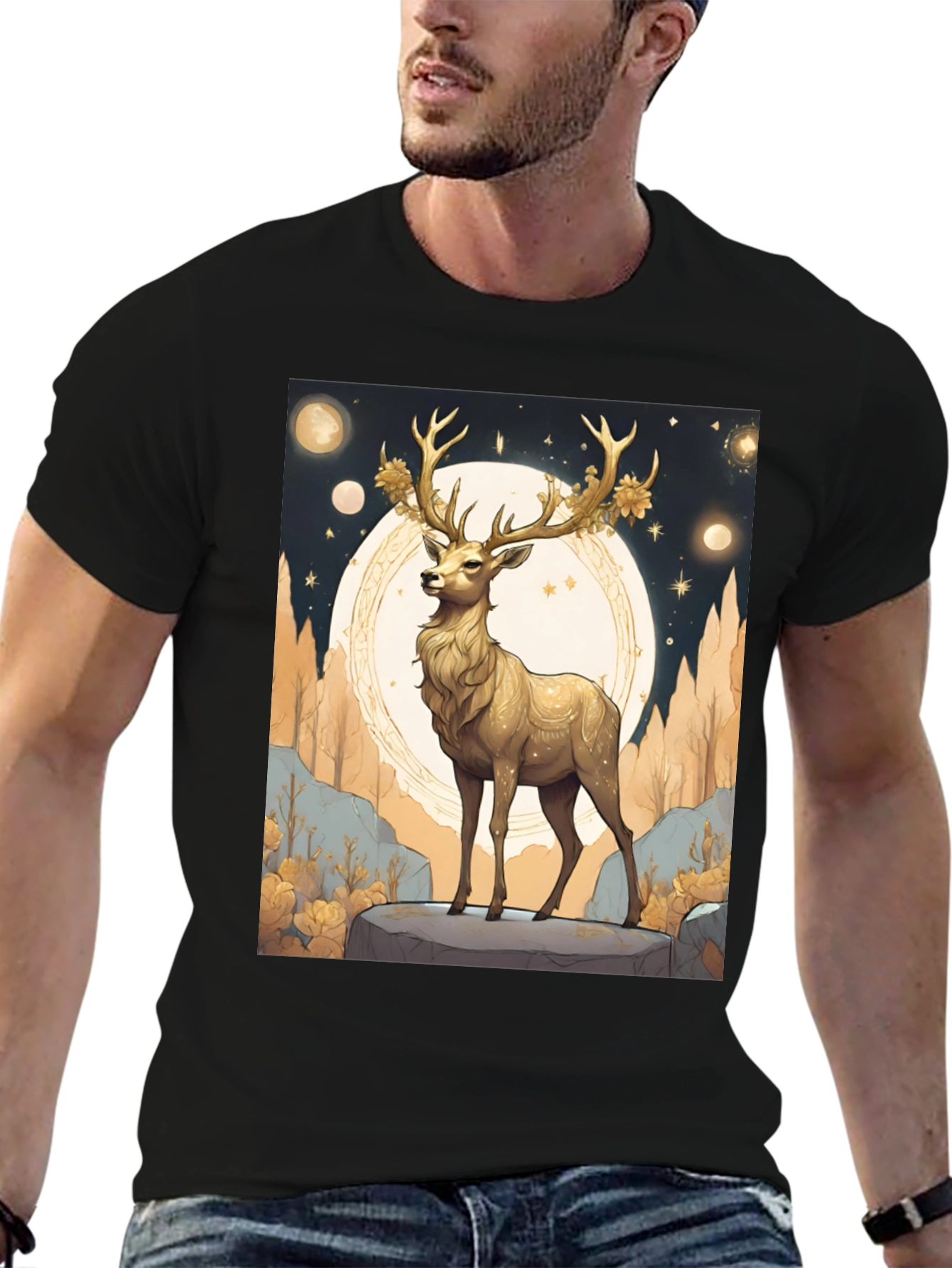 Black Golden Deer Graphic Tee - Celestial Stag Design view 6