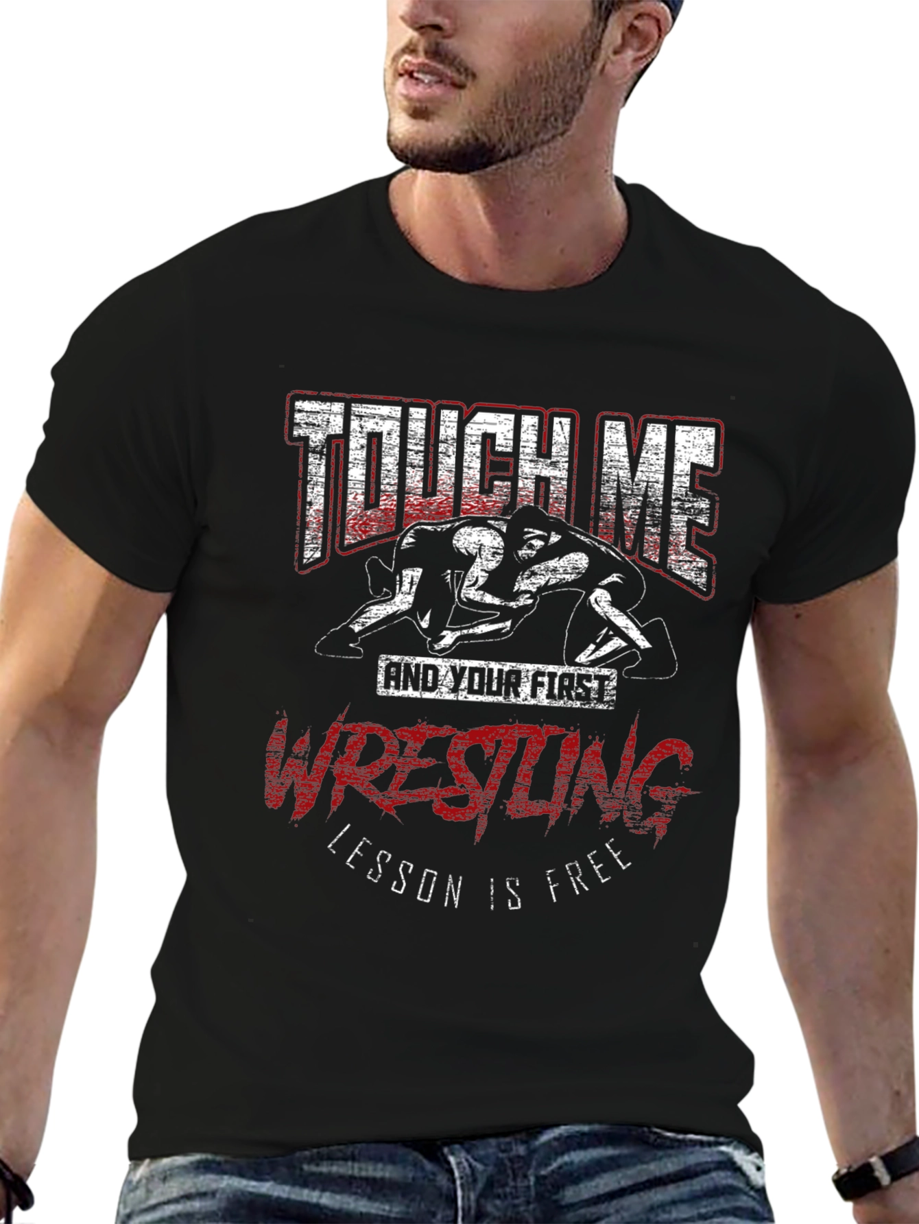 Black Touch Me Wrestling T-Shirt - Funny Graphic Tee view 6