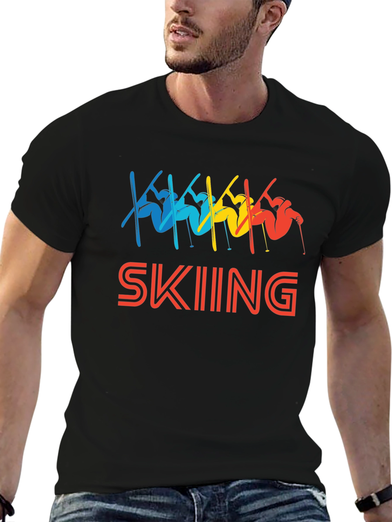 Black Retro Skiing T-Shirt - Colorful Winter Sport Tee view 6