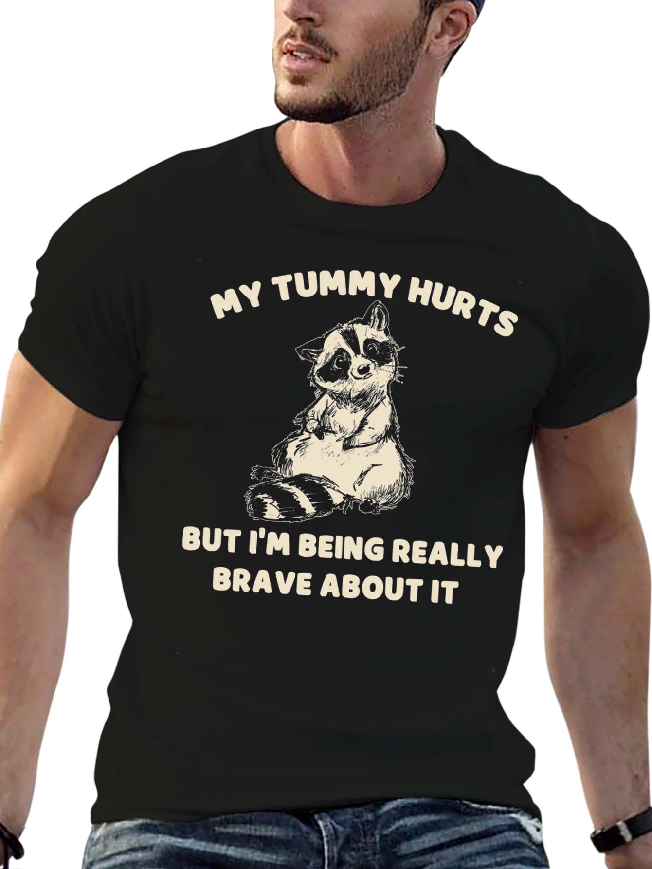 Black Funny Raccoon T-Shirt - My Tummy Hurts Brave Graphic Tee view 6