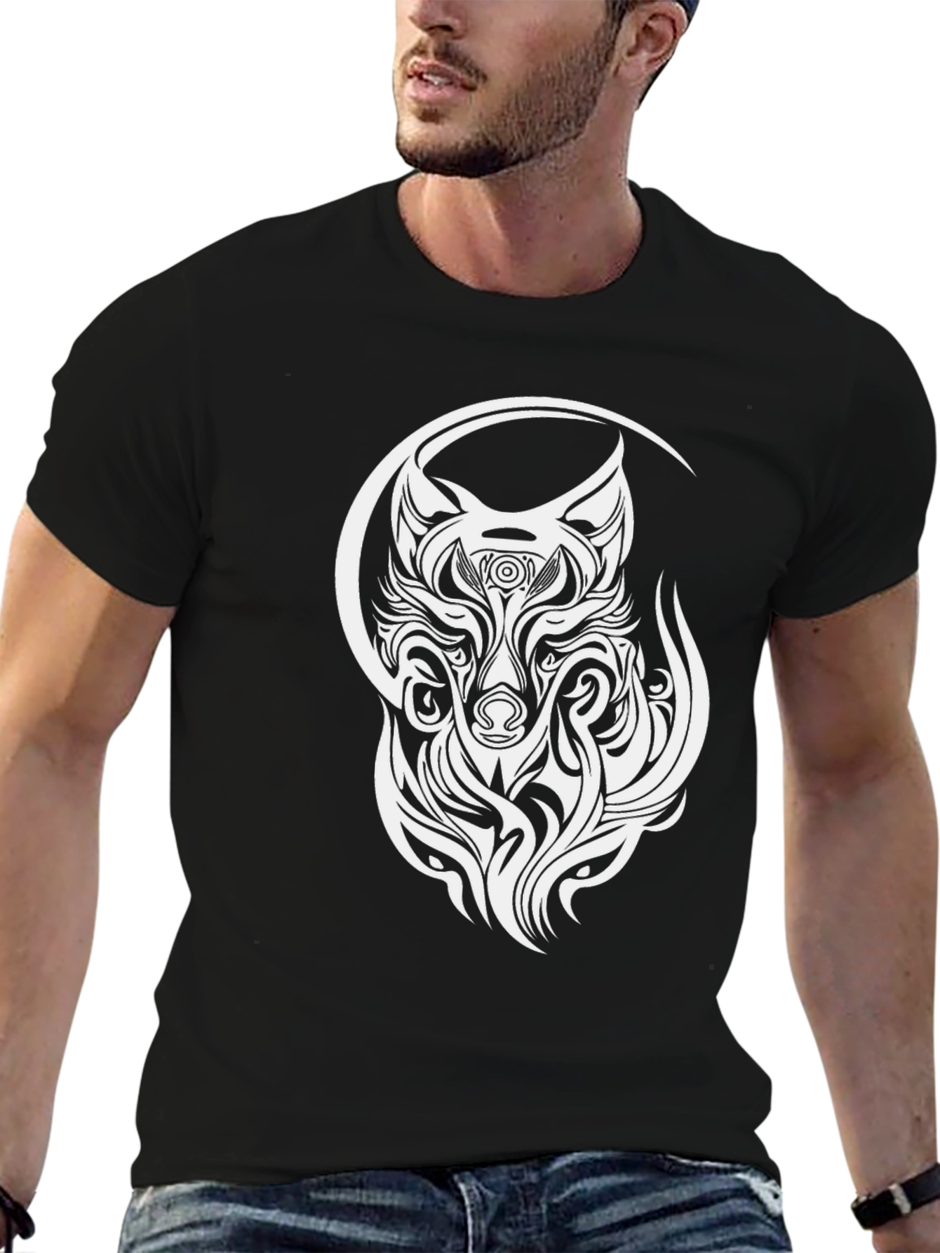 Black Wolf Tribal Design T-Shirt - Black view 6