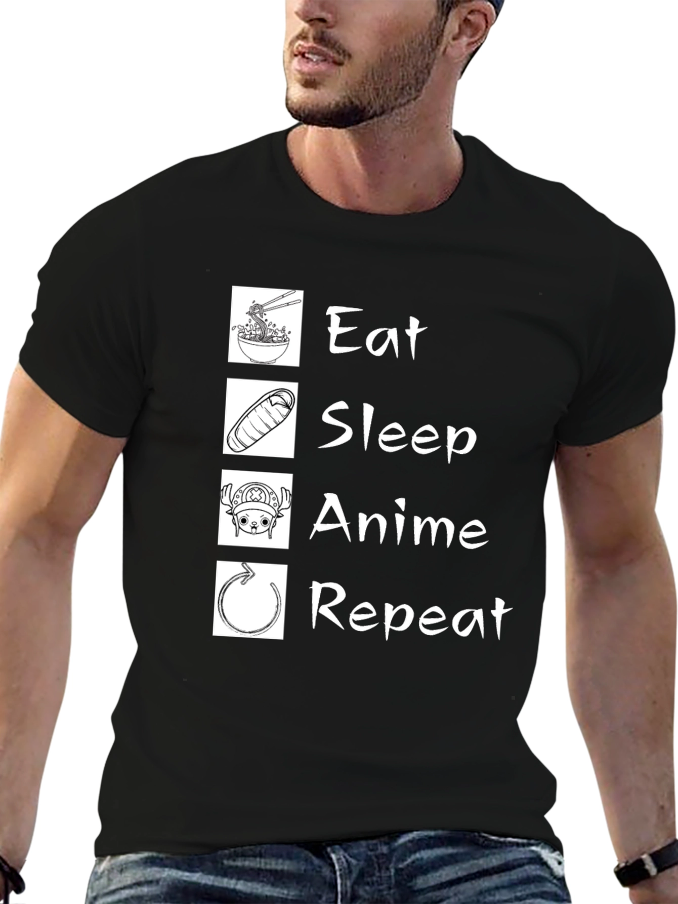 Black Eat Sleep Anime Repeat T-Shirt - Black Cotton Graphic Tee view 6