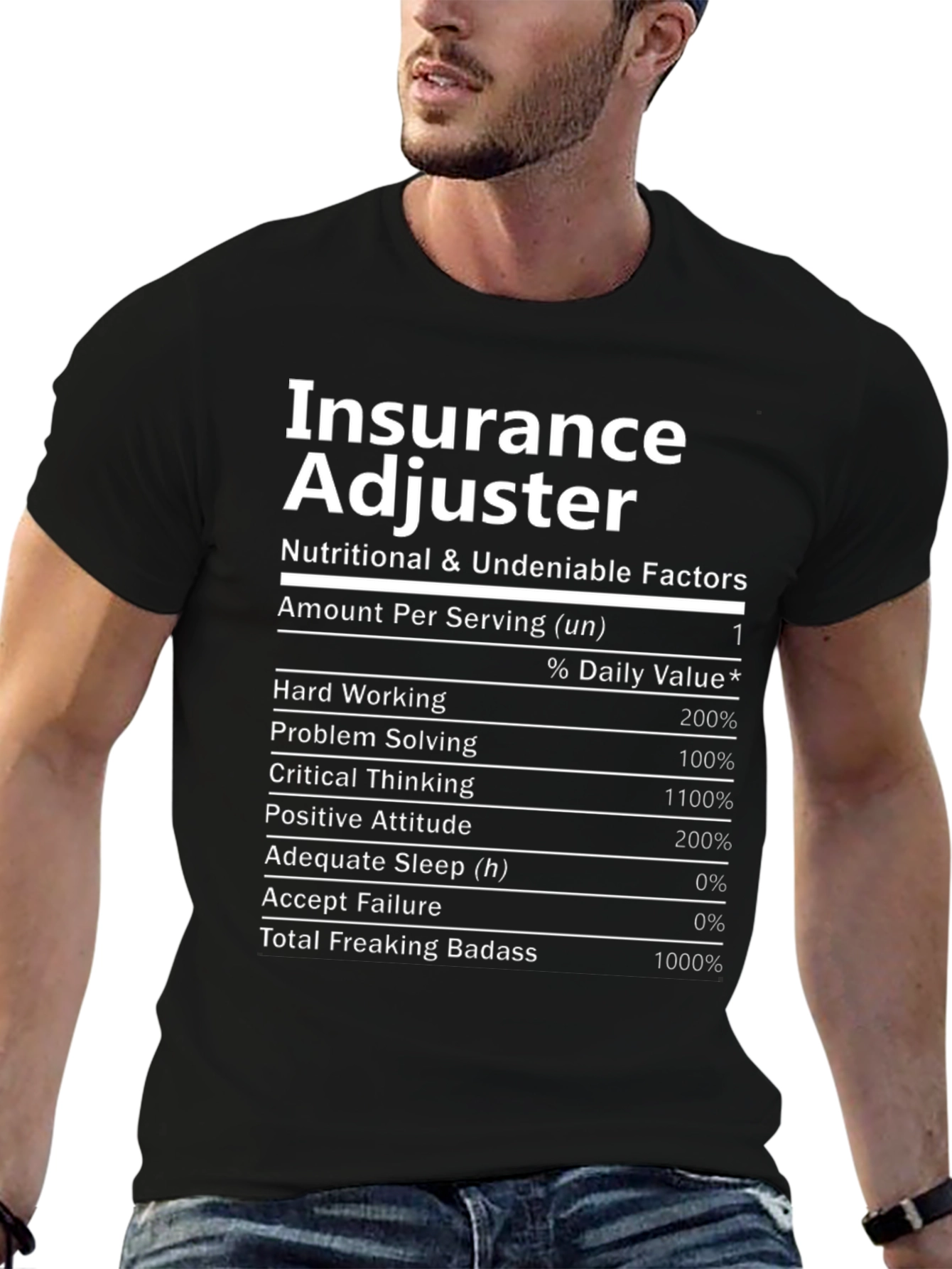 Black Insurance Adjuster Nutrition Facts T-Shirt view 6