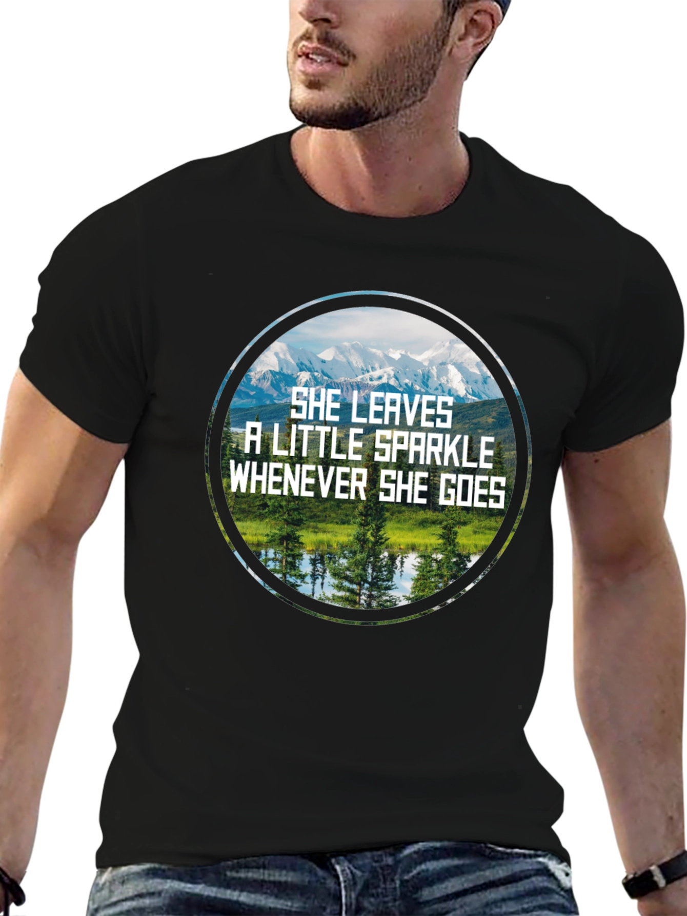 Black Sparkle Mountain Scene Black T-Shirt view 6
