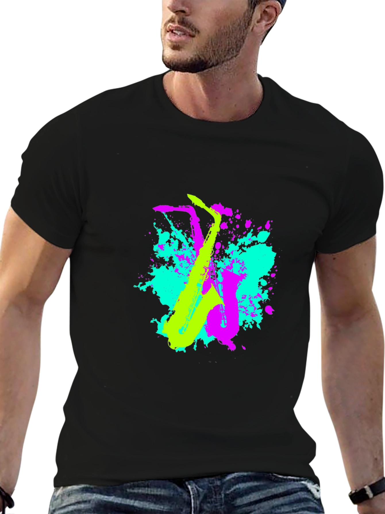 Black Neon Saxophone Graphic T-Shirt - Music Lover's Tee view 6