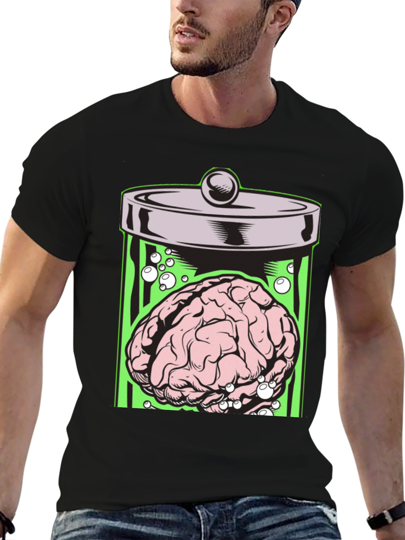 Black Brain in Jar Graphic Tee - Men's Black T-Shirt view 6