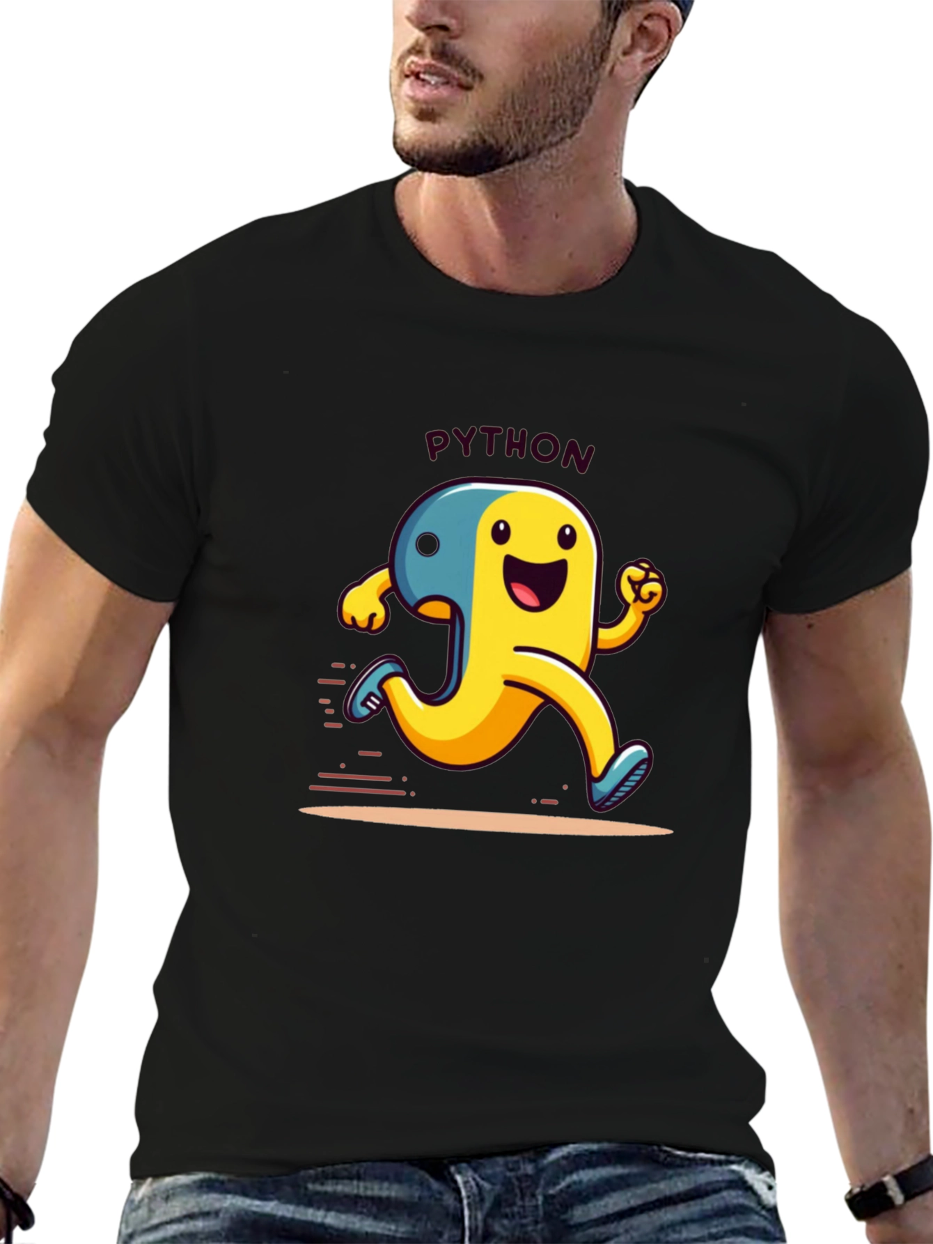 Black Python Programmer Cartoon Black T-Shirt view 6