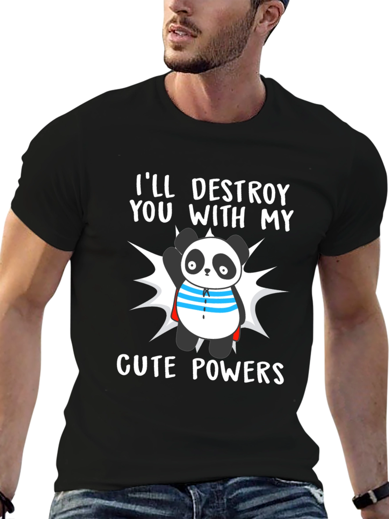 Black Cute Panda Powers T-Shirt - Funny Cartoon Tee view 6