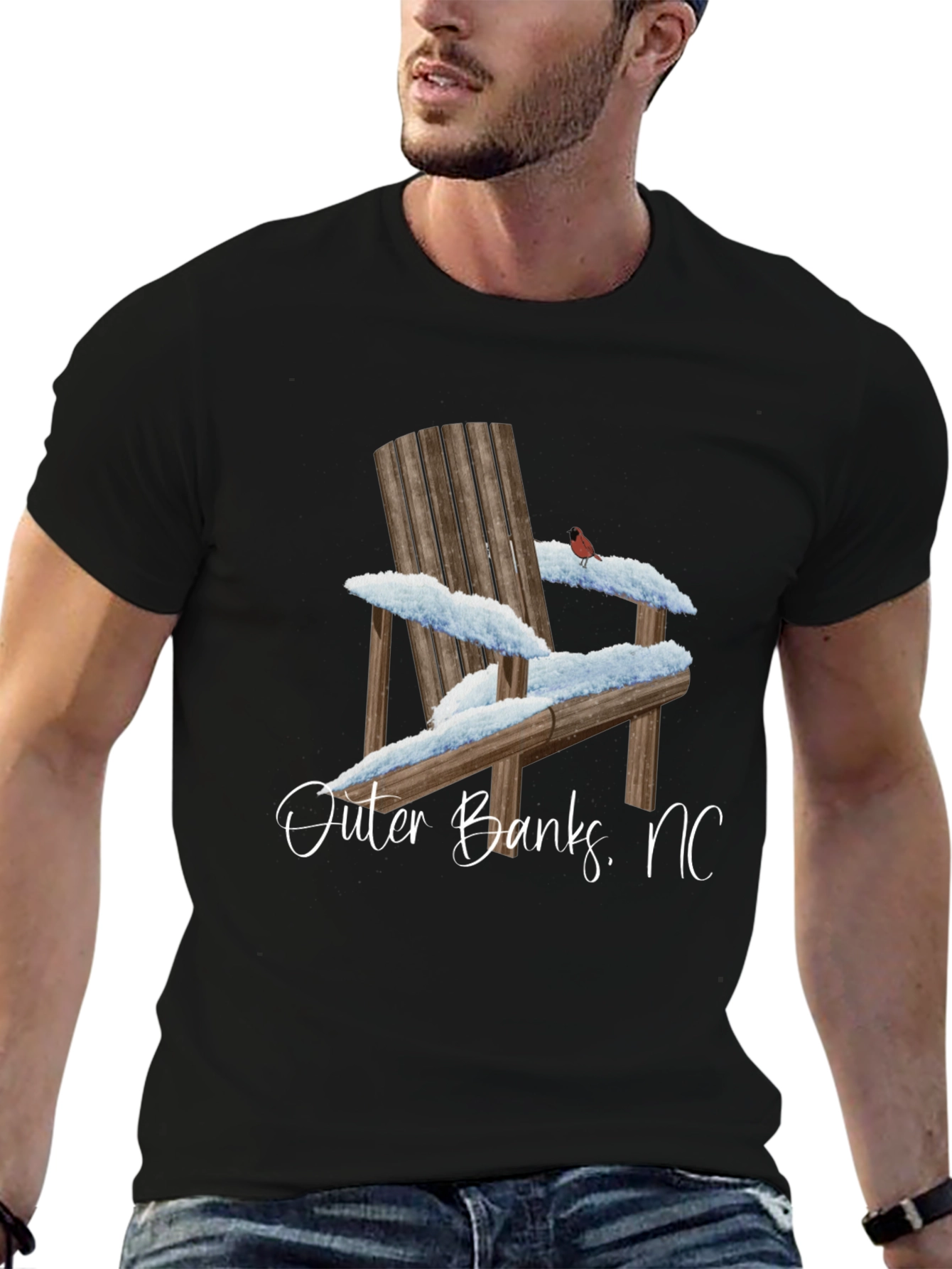Black Outer Banks NC Winter Adirondack Chair Graphic T-Shirt view 6