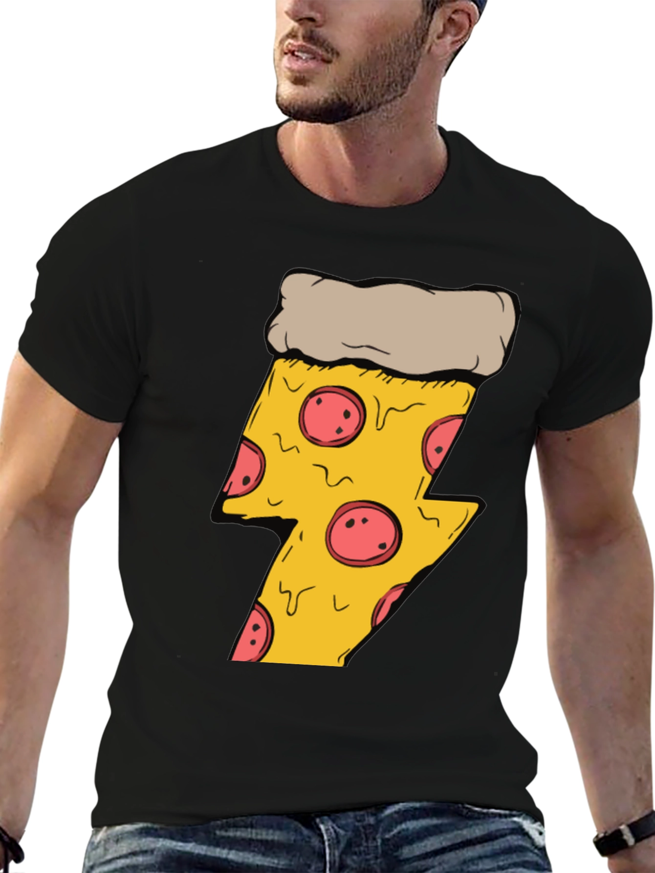 Black Pizza Lightning Bolt T-Shirt - Black Cotton Tee view 6