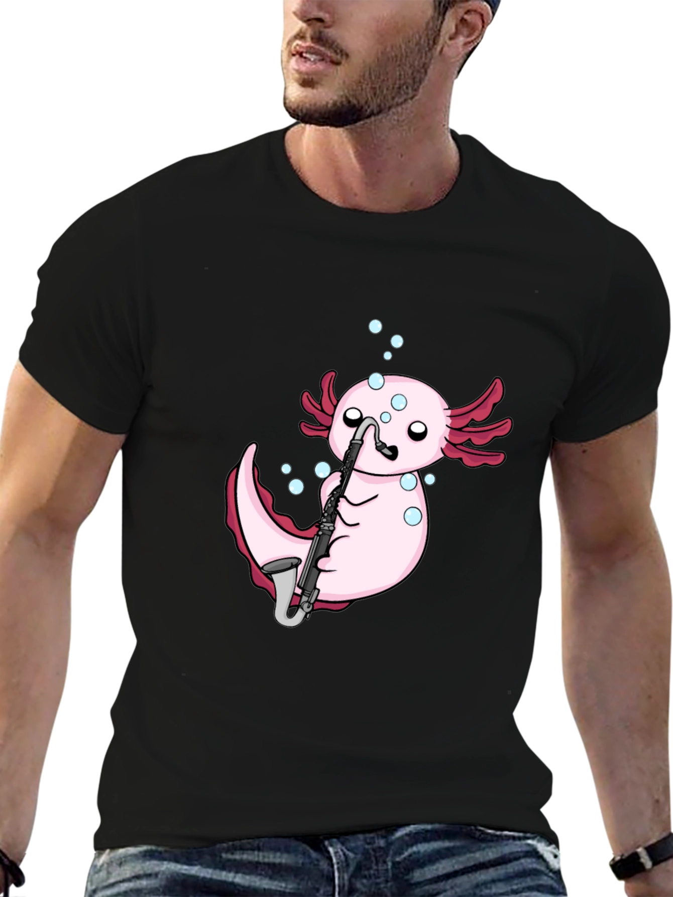 Black Axolotl Saxophone Black T-Shirt view 6