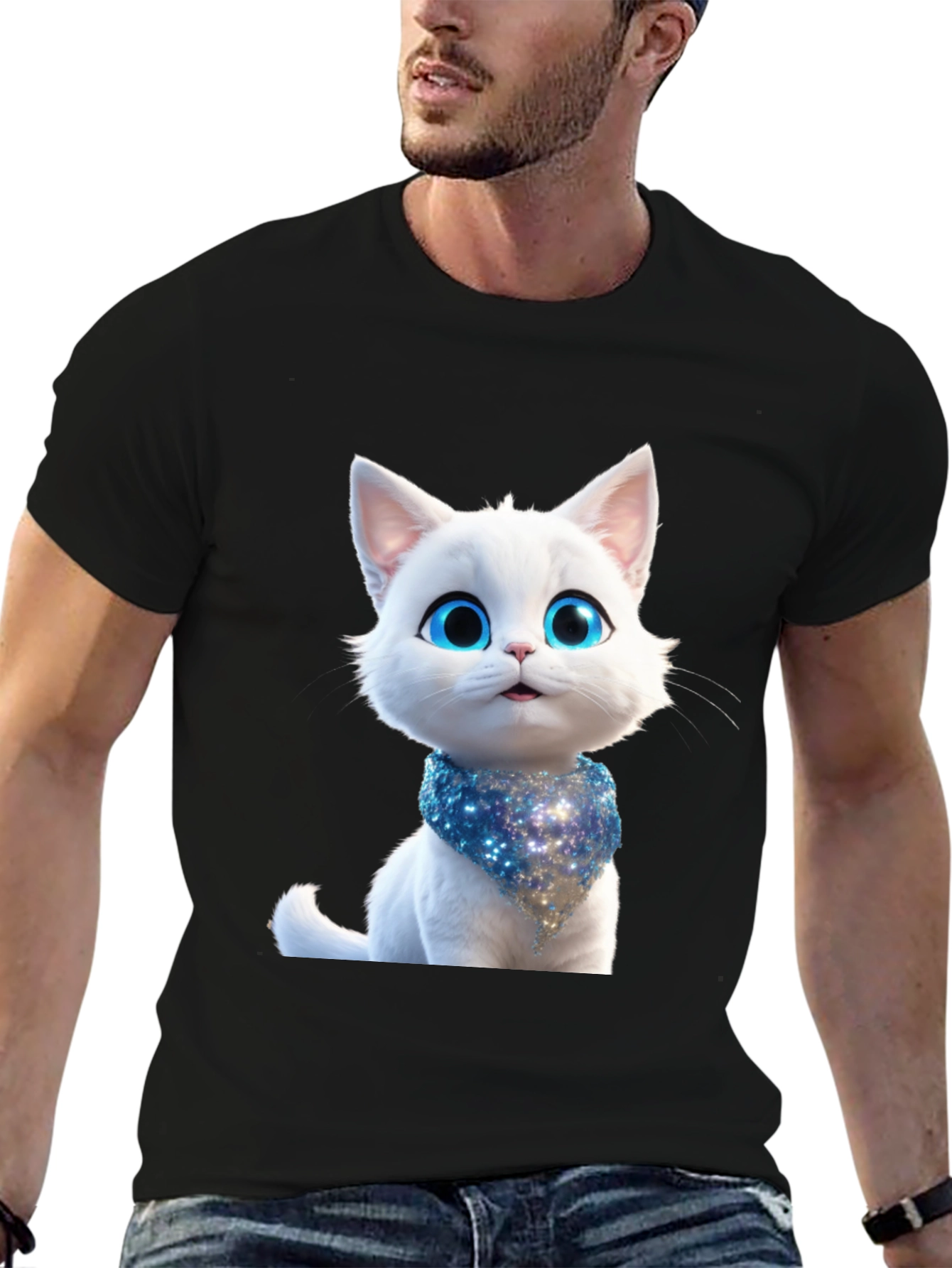 Black Cute Cartoon Cat Graphic Tee - Unisex Black T-Shirt view 6
