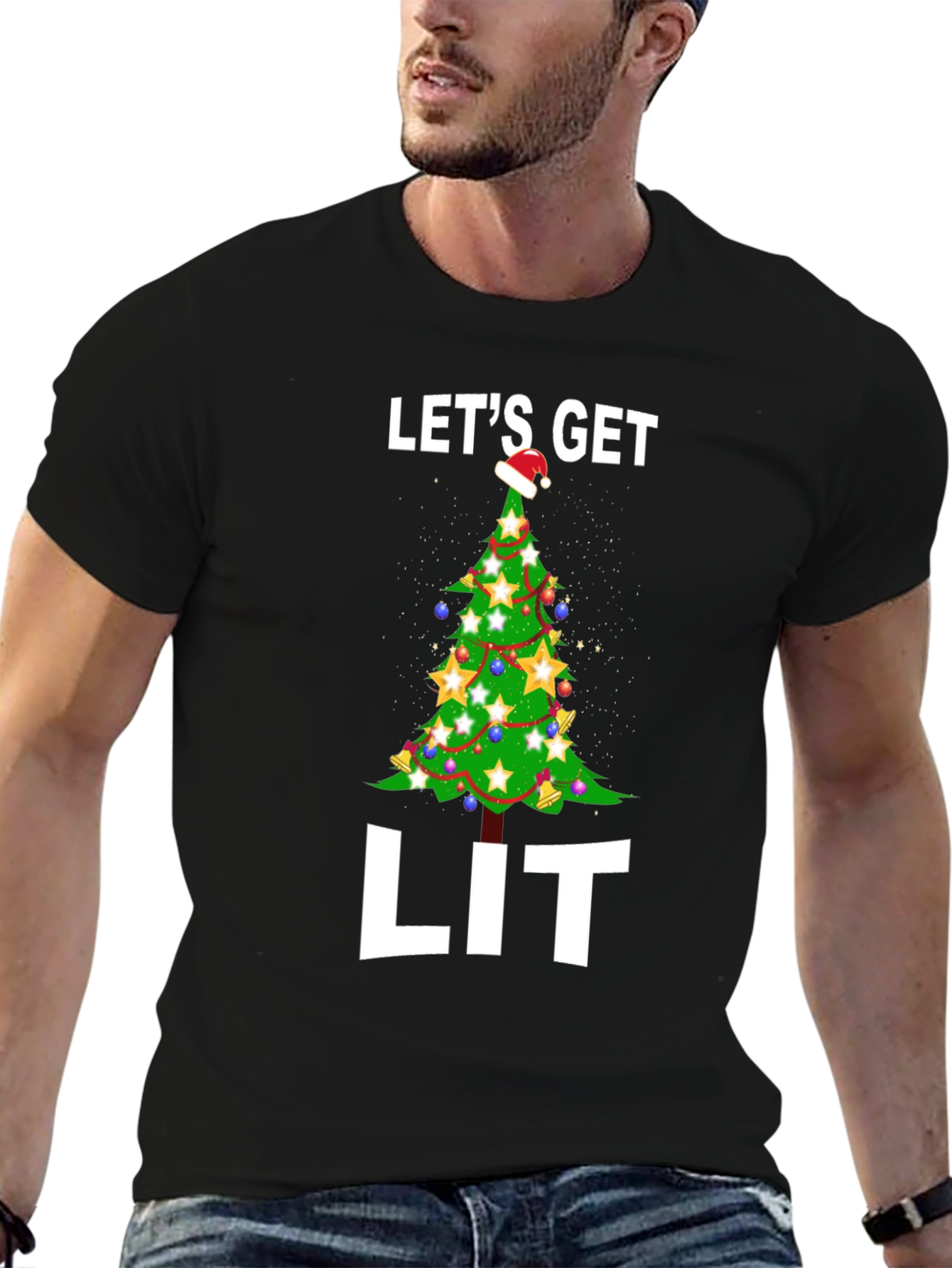 Black Let's Get Lit Christmas Tree Graphic Tee view 6
