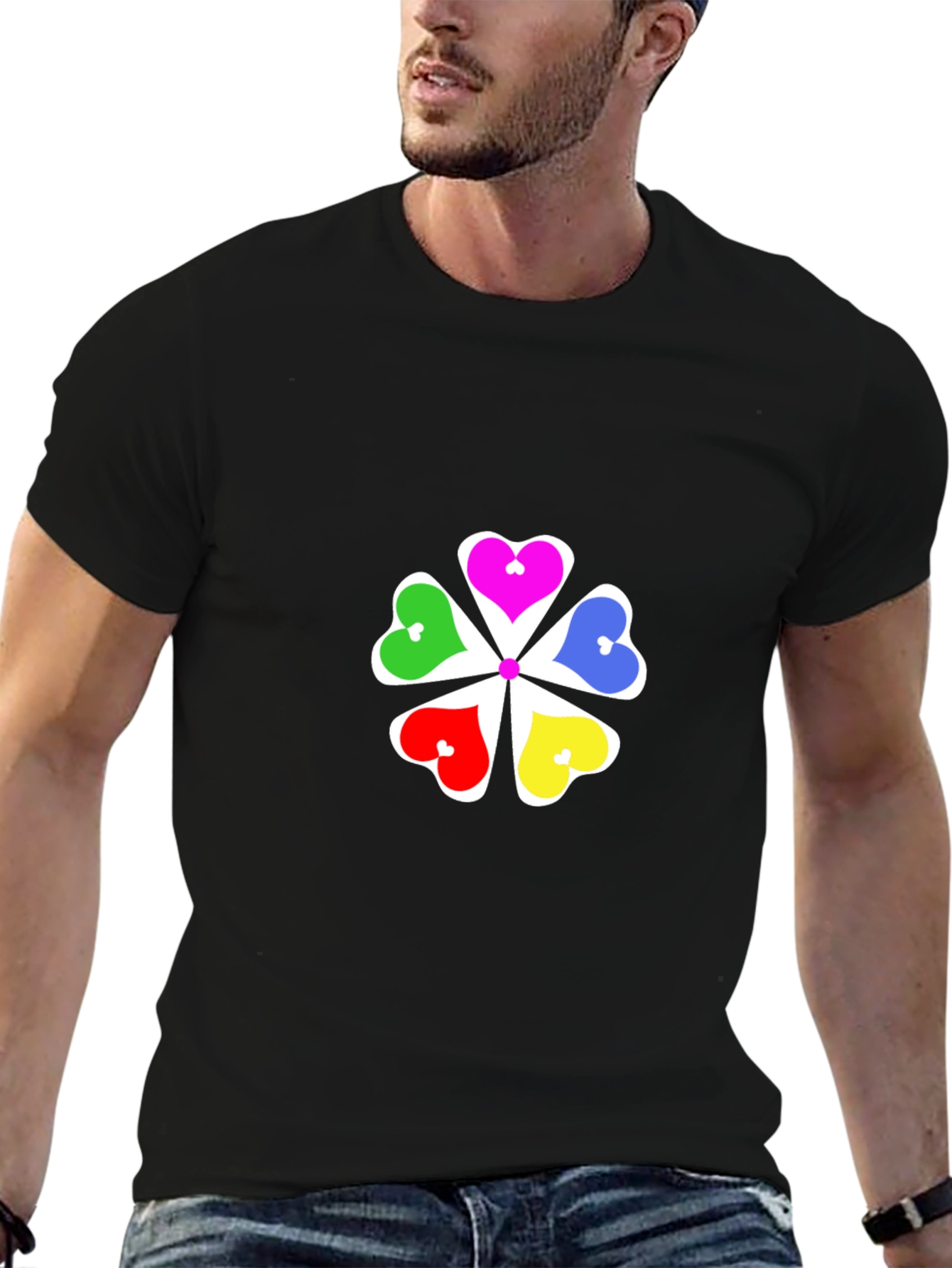 Black Colorful Hearts Flower Graphic T-Shirt - Black view 6