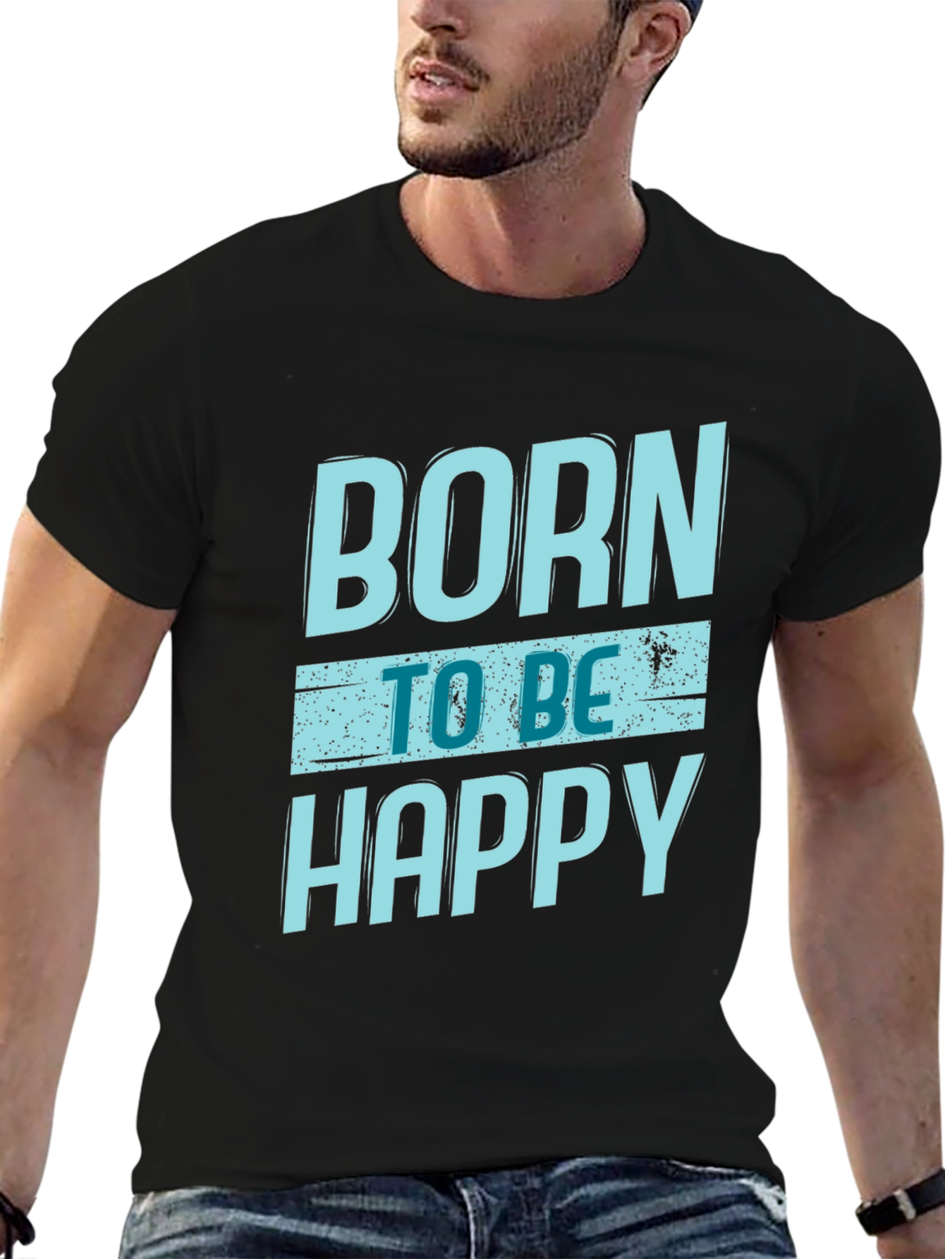 Black Born To Be Happy Graphic Print Black T-Shirt view 6