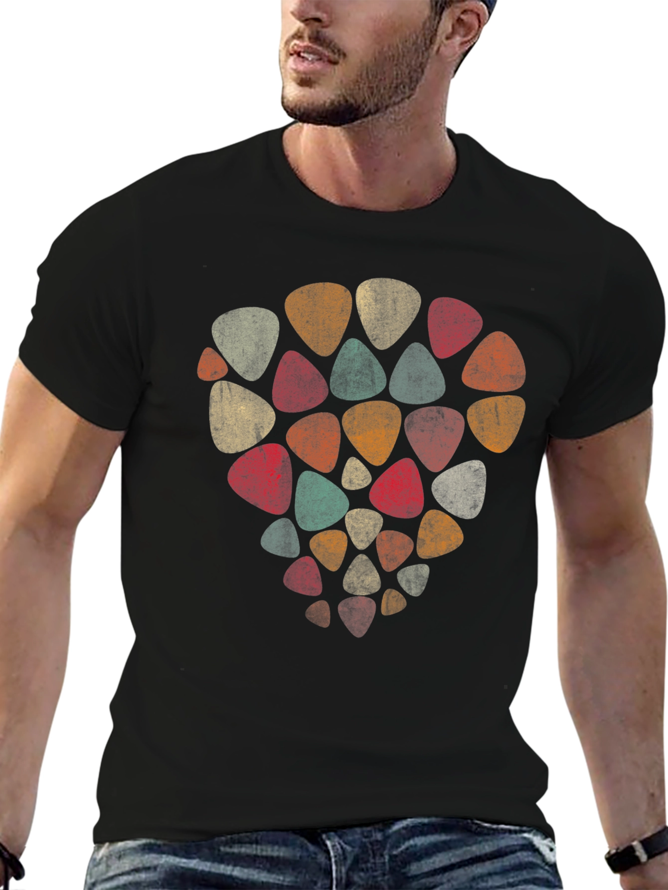 Black Retro Guitar Pick T-Shirt - Musical Style view 6