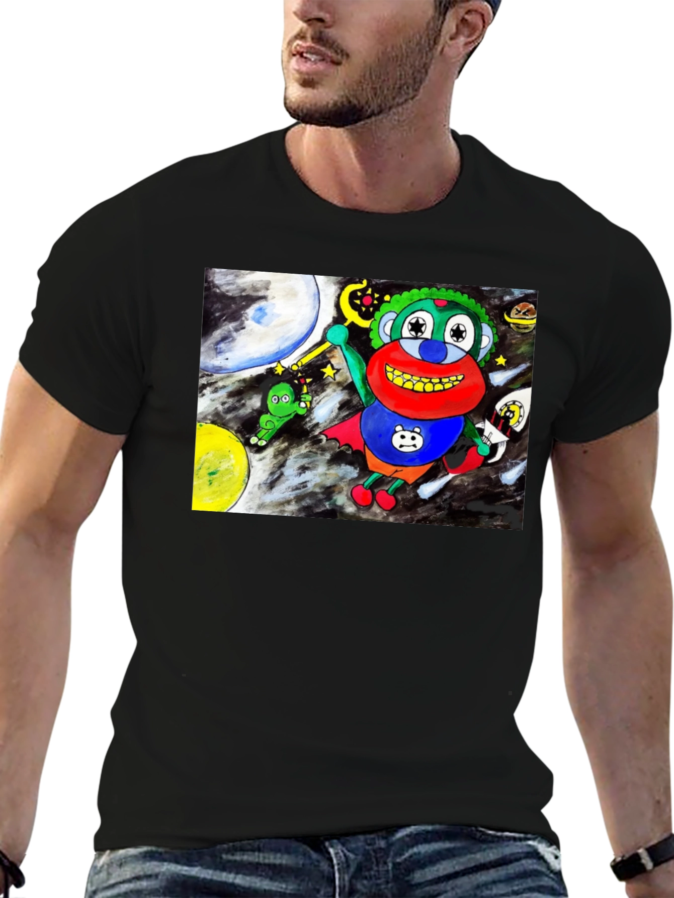 Black Cartoon Graphic Tee: Space Adventure view 6